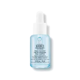Un flacon de 30 ml de Clearly Corrective Triple Acid Peel de Kiehl's avec un liquide clair sur fond blanc.