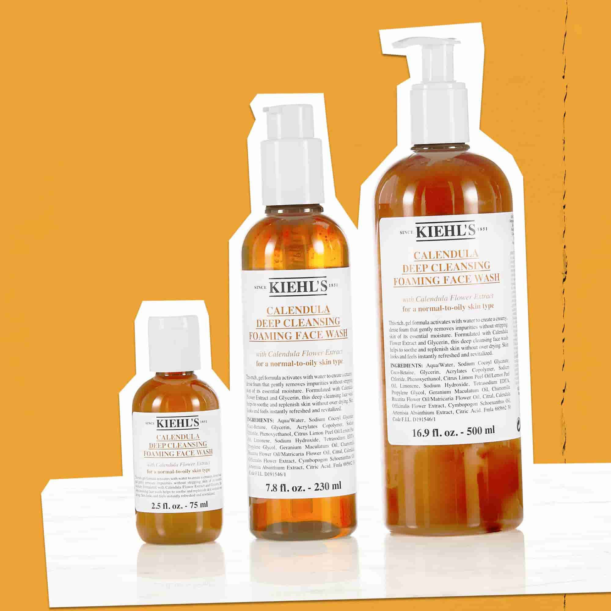 Trois flacons du Nettoyant Moussant au Calendula dans des formats allant de 75 ml a 500 ml