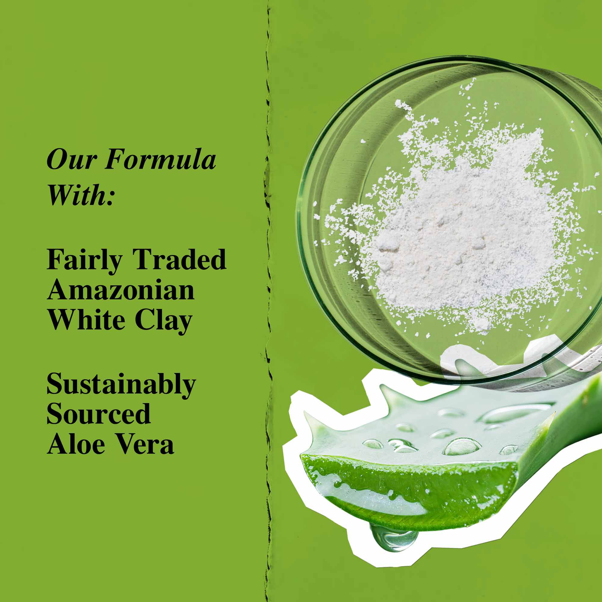 Graphique des ingredients cles mettant en avant l'argile blanche et l'aloe vera.