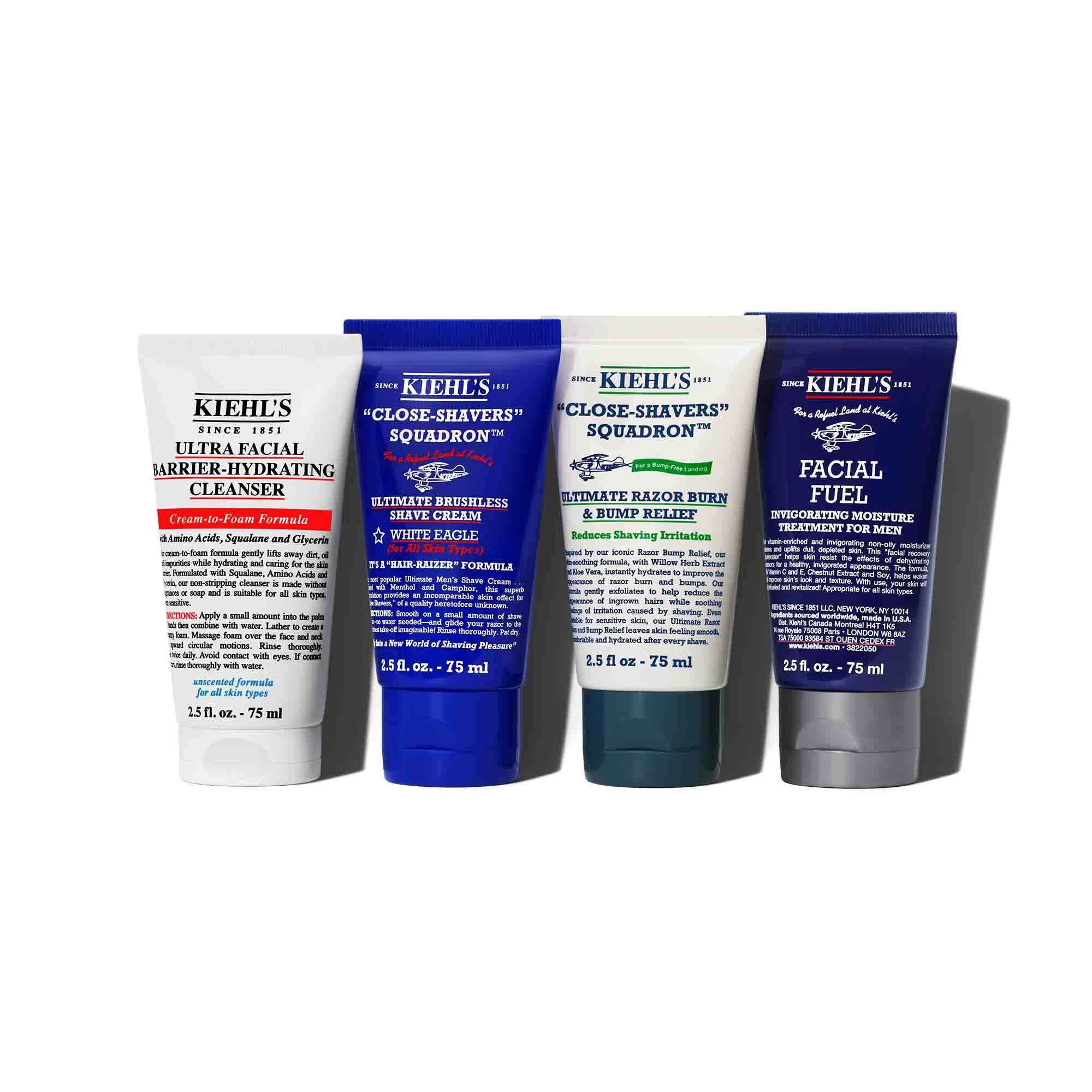 – Ensemble de soins pour hommes Kiehl’s comprenant un nettoyant, un nettoyant visage, une creme hydratante et un soin pour les yeux.