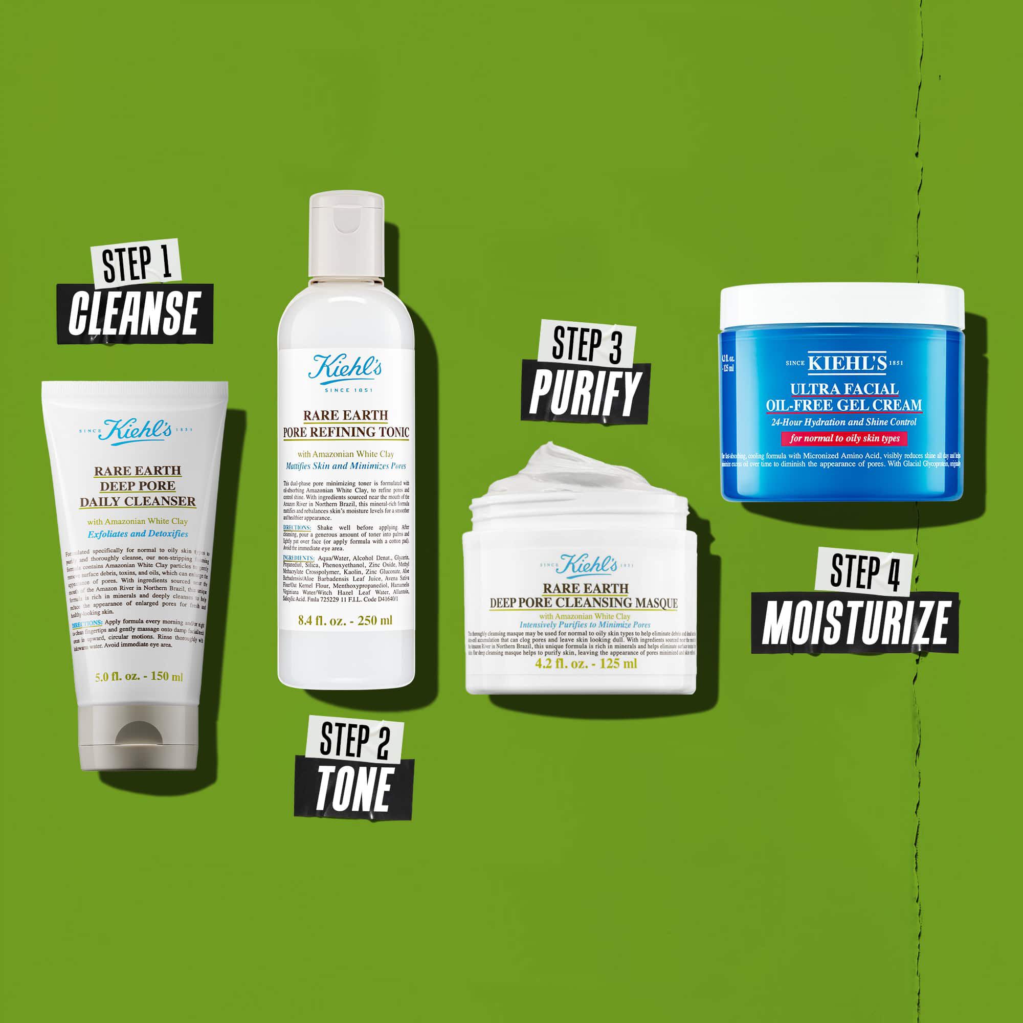 Quatre produits Kiehl's representant une routine de soin. De gauche a droite : Rare Earth Deep Pore Cleanser, Rare Earth Pore Minimizing Lotion, Rare Earth Pore Cleansing Masque et Ultra Facial Oil-Free Gel Cream.