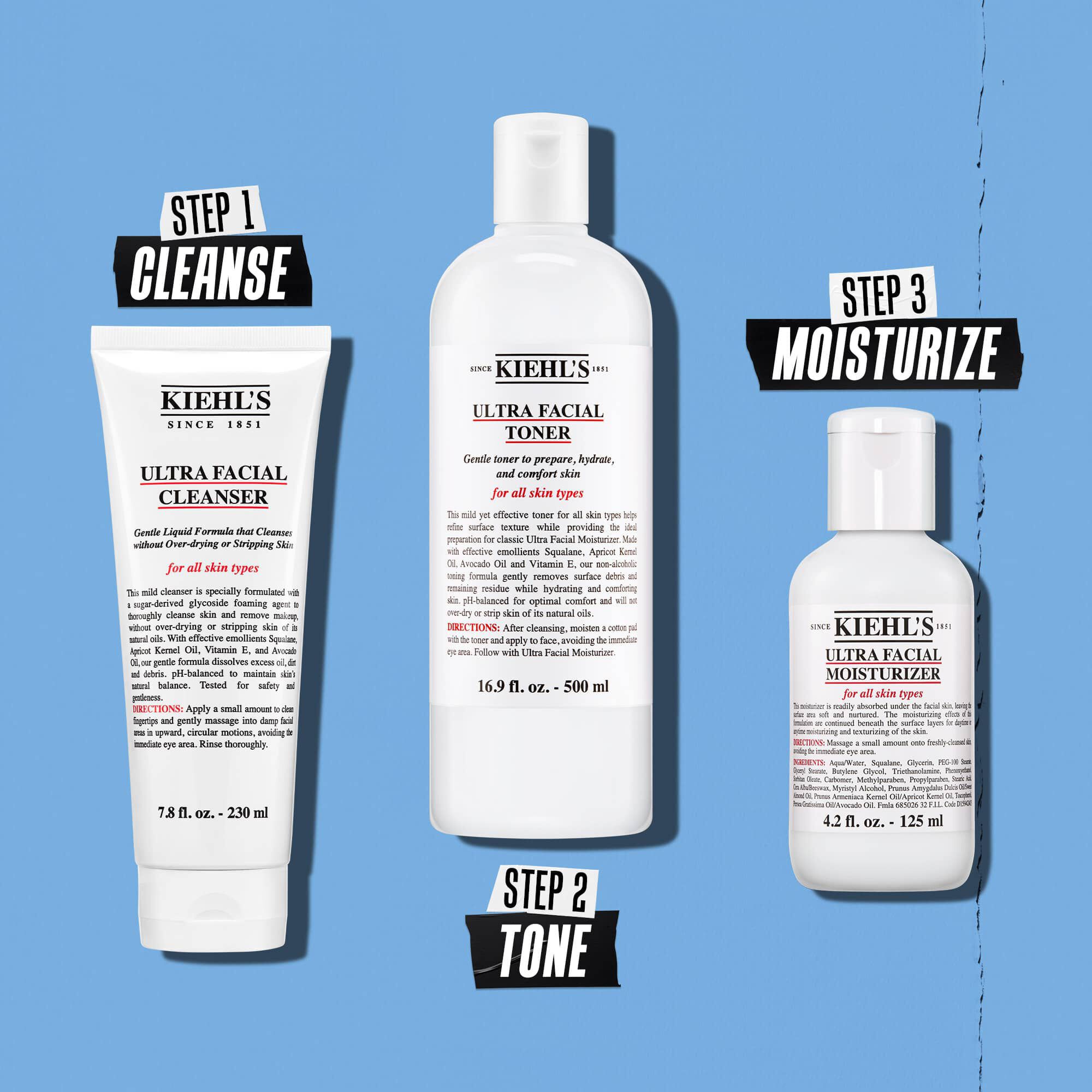 Illustration de la routine Kiehl's Ultra Facial Moisturizer – Nettoyer, Tonifier, Hydrater