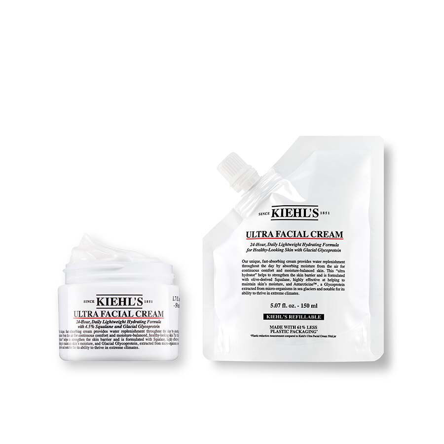 Pot ouvert de la creme Ultra Facial Cream de Kiehl's a cote de son eco-recharge de 150 ml.