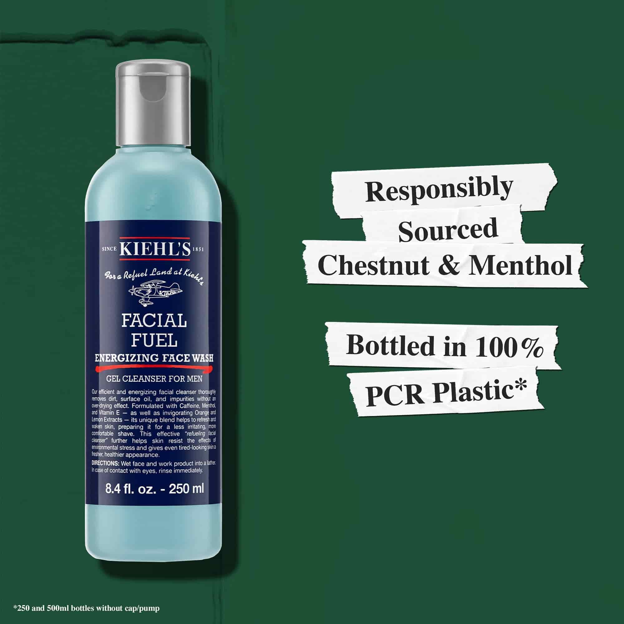 Le Nettoyant Visage Energisant Facial Fuel est issu de sources responsables et son flacon est en plastique 100 % recycle (PCR)