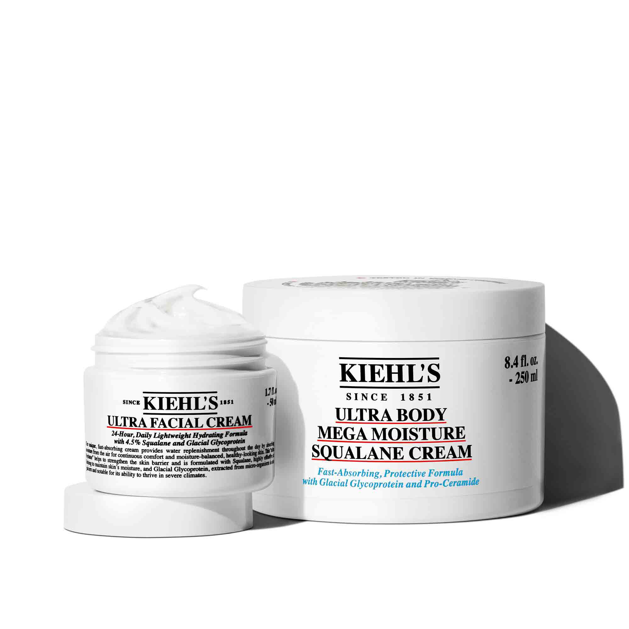 La Ultra Creme Faciale de Kiehl’s et la Creme Ultra Body Mega Moisture Squalane pour une hydratation complete du visage et du corps.