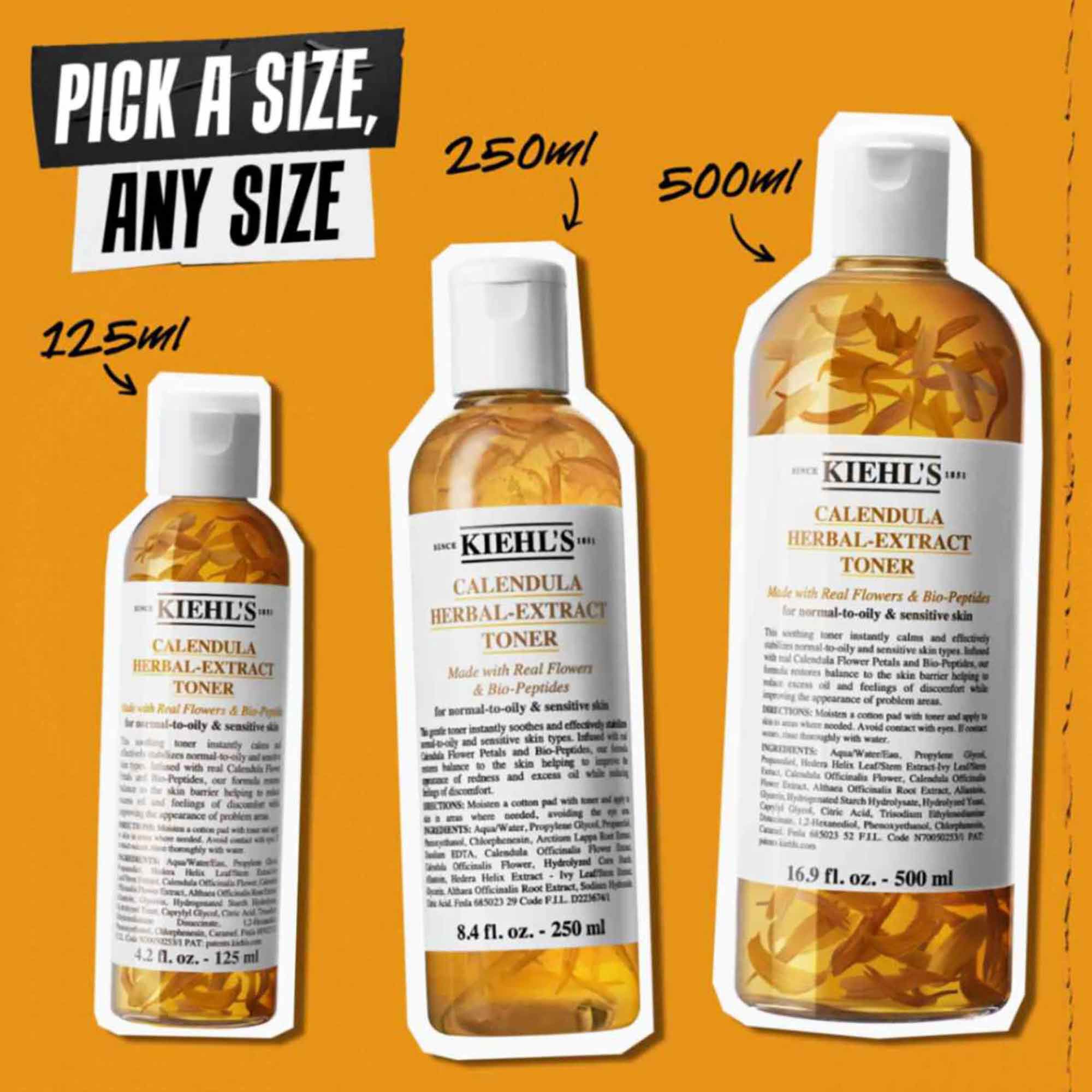 Trois flacons de tonique Calendula Herbal-Extract Toner de differentes tailles (125 ml, 250 ml, 500 ml) sur fond orange avec le texte « Choisissez une taille, n'importe quelle taille. »