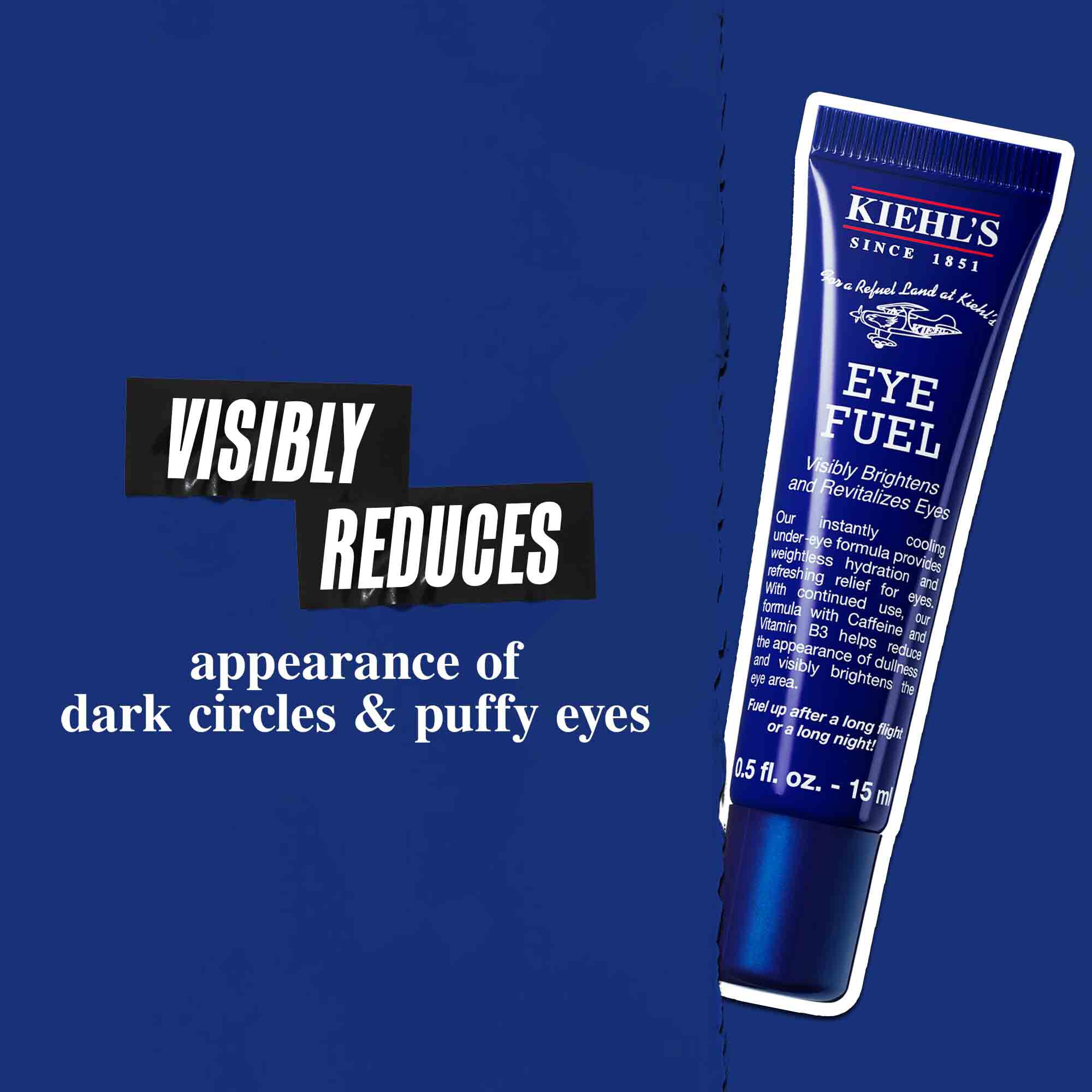 Tube de Facial Fuel Eye Fuel sur fond bleu fonce. Le texte indique : « Reduit visiblement l'apparence des cernes et des yeux gonfles. »