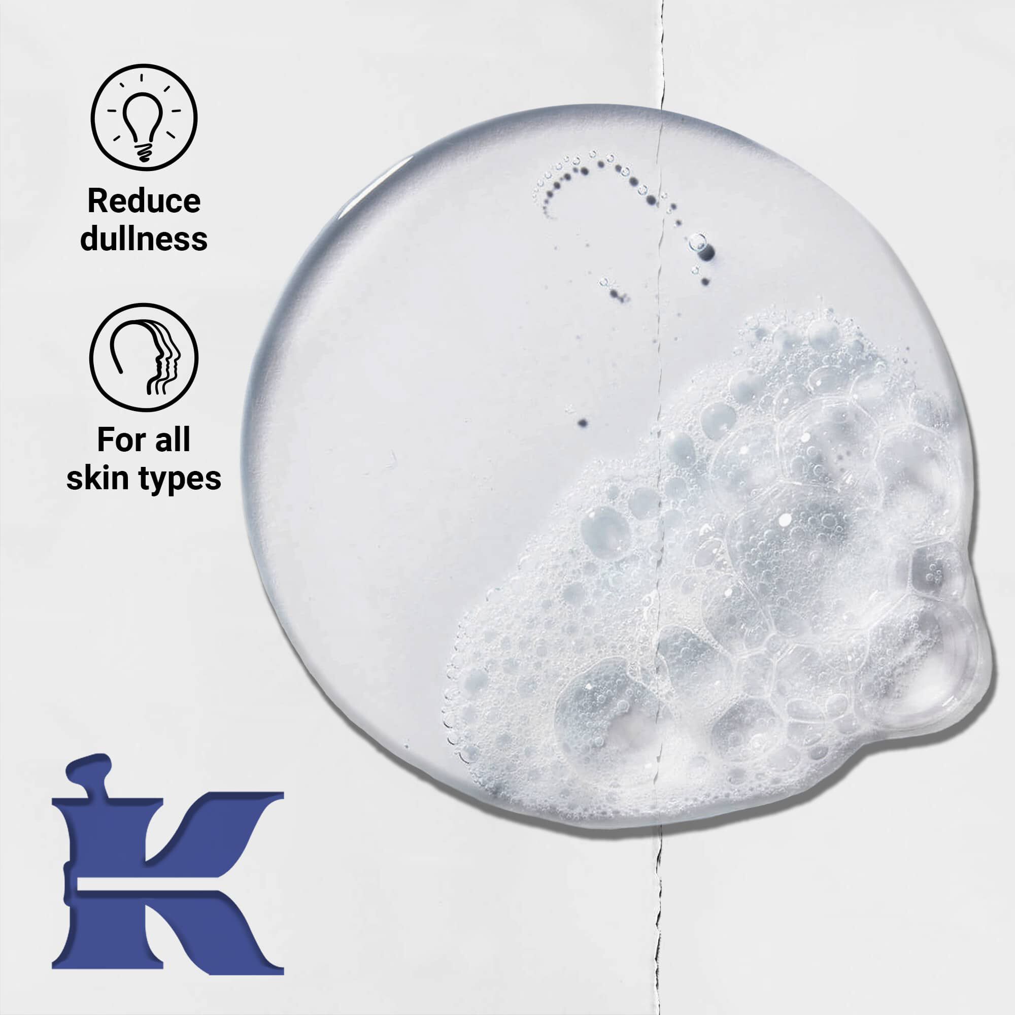 Photo de la texture de Facial Fuel avec des icones indiquant qu'il reduit le teint terne et convient a tous les types de peau