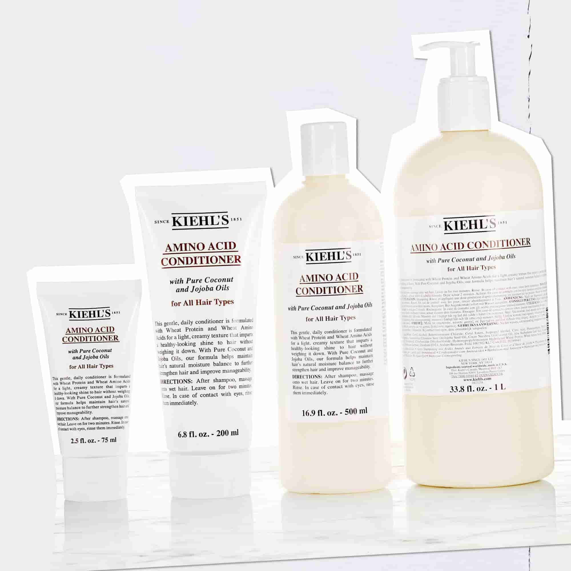 Les flacons de conditionneur Kiehl’s en formats allant de 2,5 fl. oz. – 75 ml a 33,8 fl. oz. – 1 L