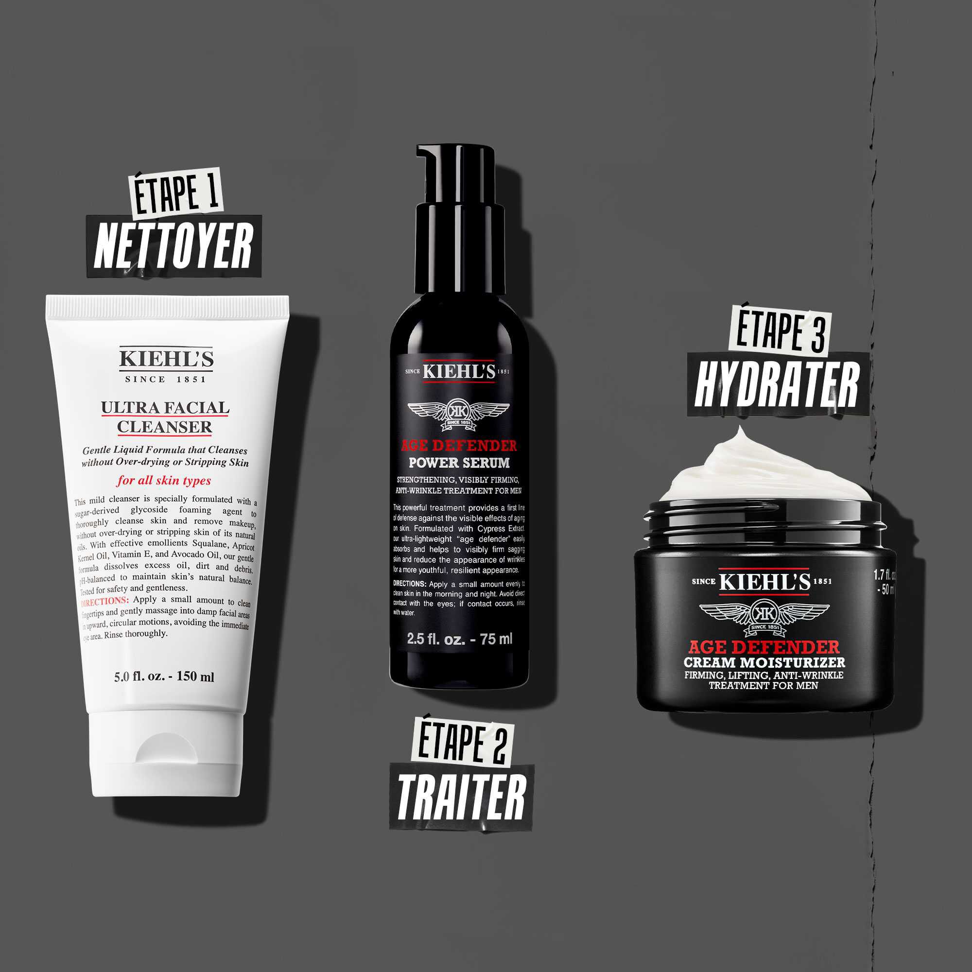Routine Age Defender en trois etapes : Etape 1 : Traitement des yeux. Etape 2 : Serum hydratant. Etape 3 : Creme reparatrice.