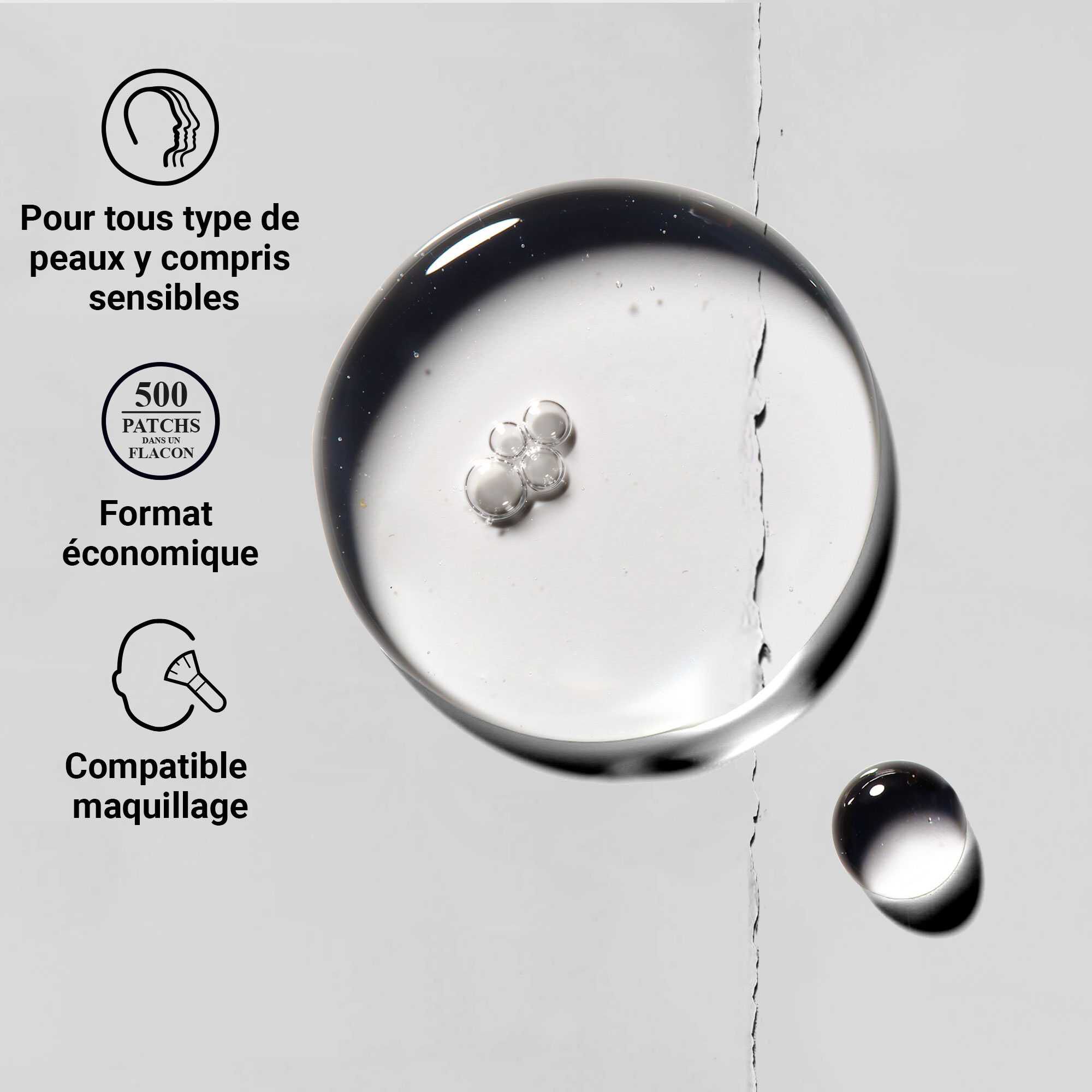 Gros plan sur la texture de la solution Truly-Targeted Blemish-Clearing Solution montrant un liquide clair avec des gouttelettes. Le texte souligne sa compatibilite avec tous les types de peau, sa securite pour les peaux a tendance acneique et ses bienfaits anti-imperfections.