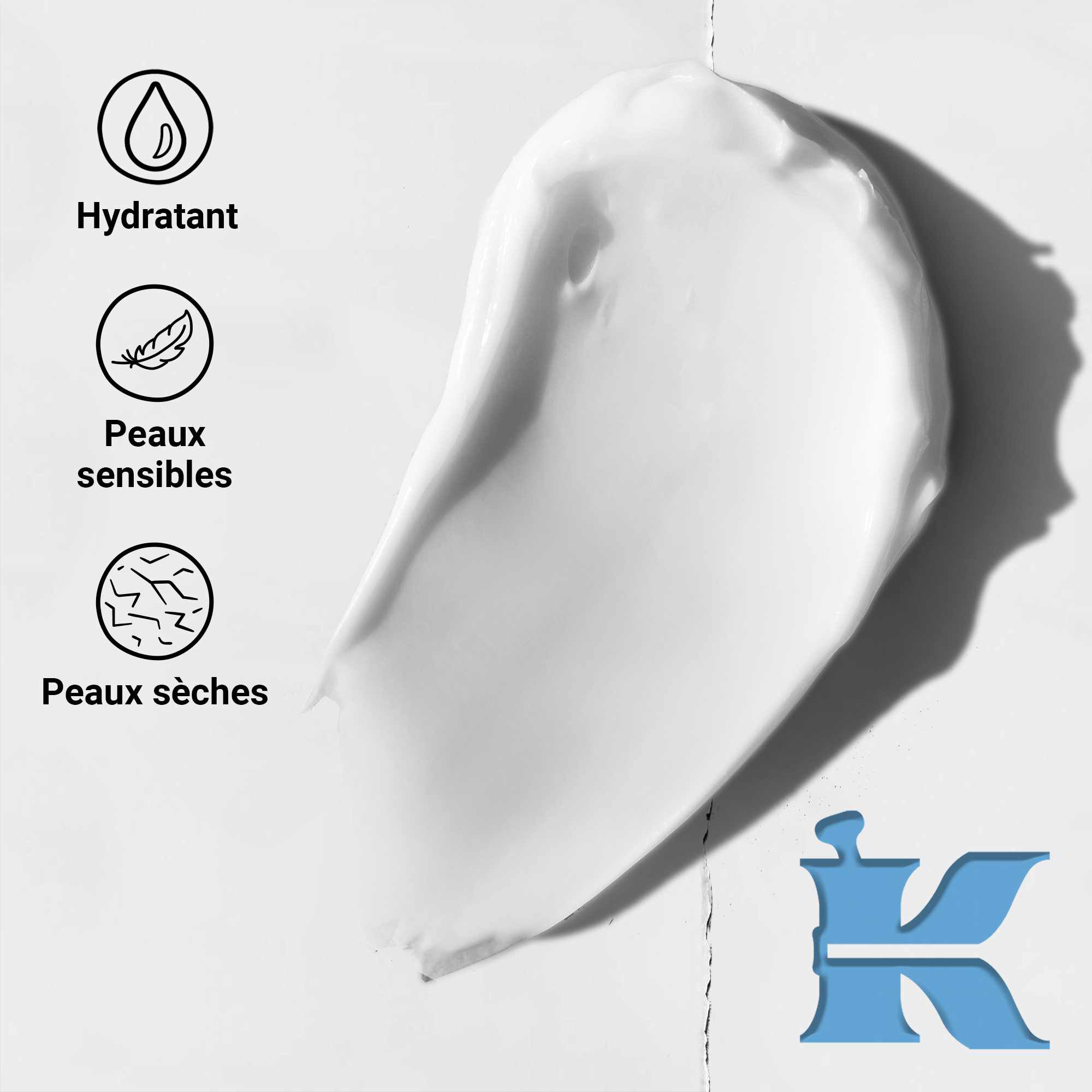 Photo de la texture avec des icones : hydratation, formule pour les peaux seches et sensibles