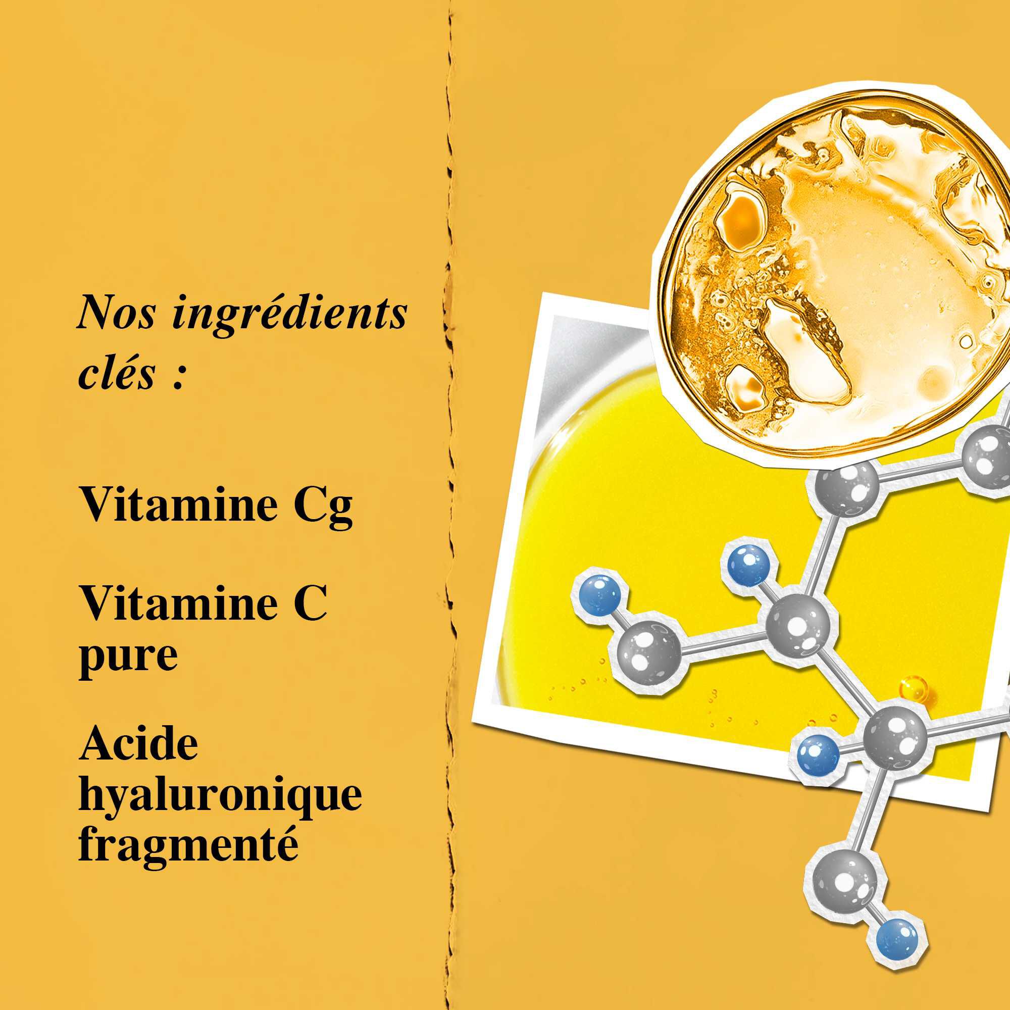 Graphique des ingredients cles mettant en avant la vitamine Cg et l'acide hyaluronique fragmente.