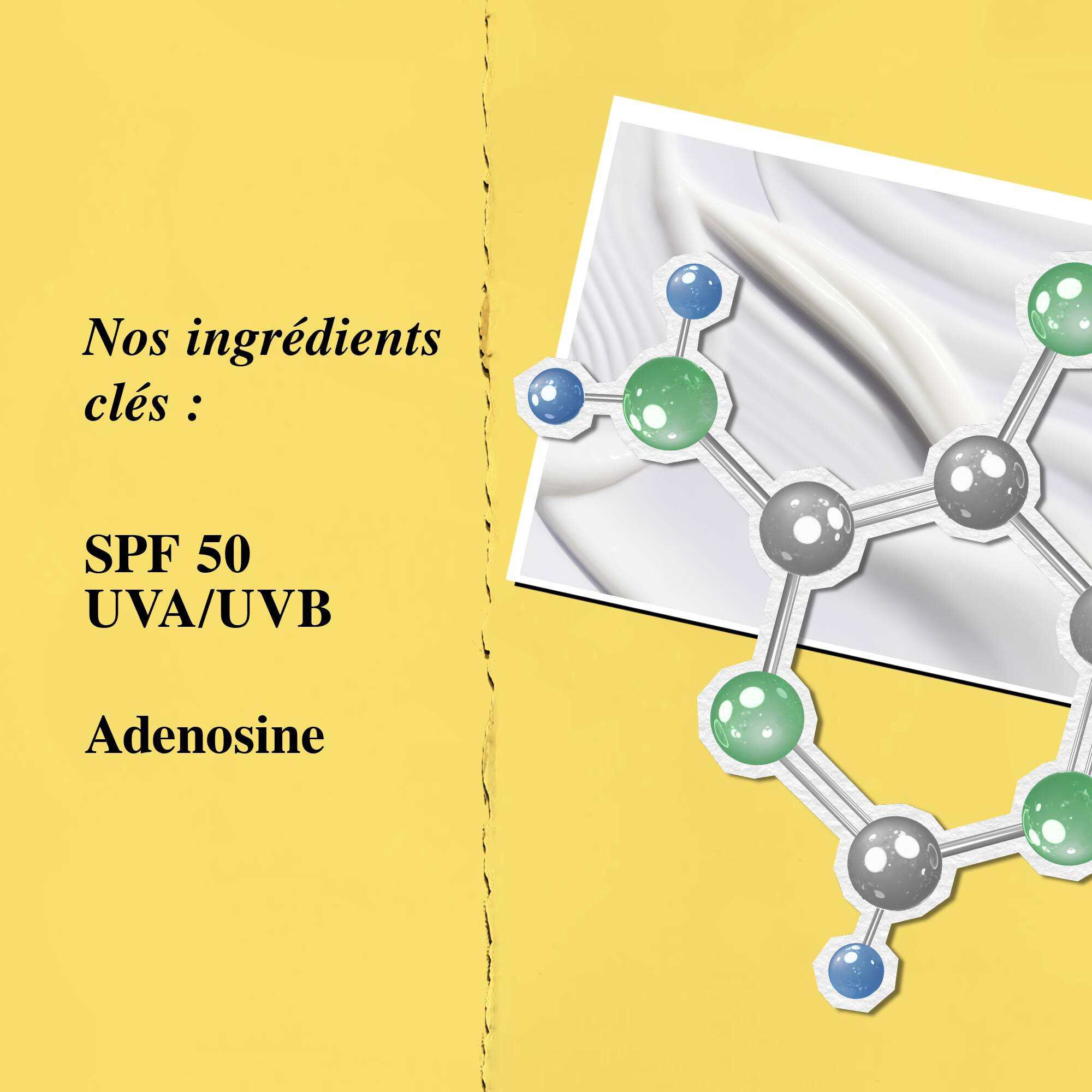 Graphique des ingredients cles mettant en avant le SPF 50 et l'adenosine.
