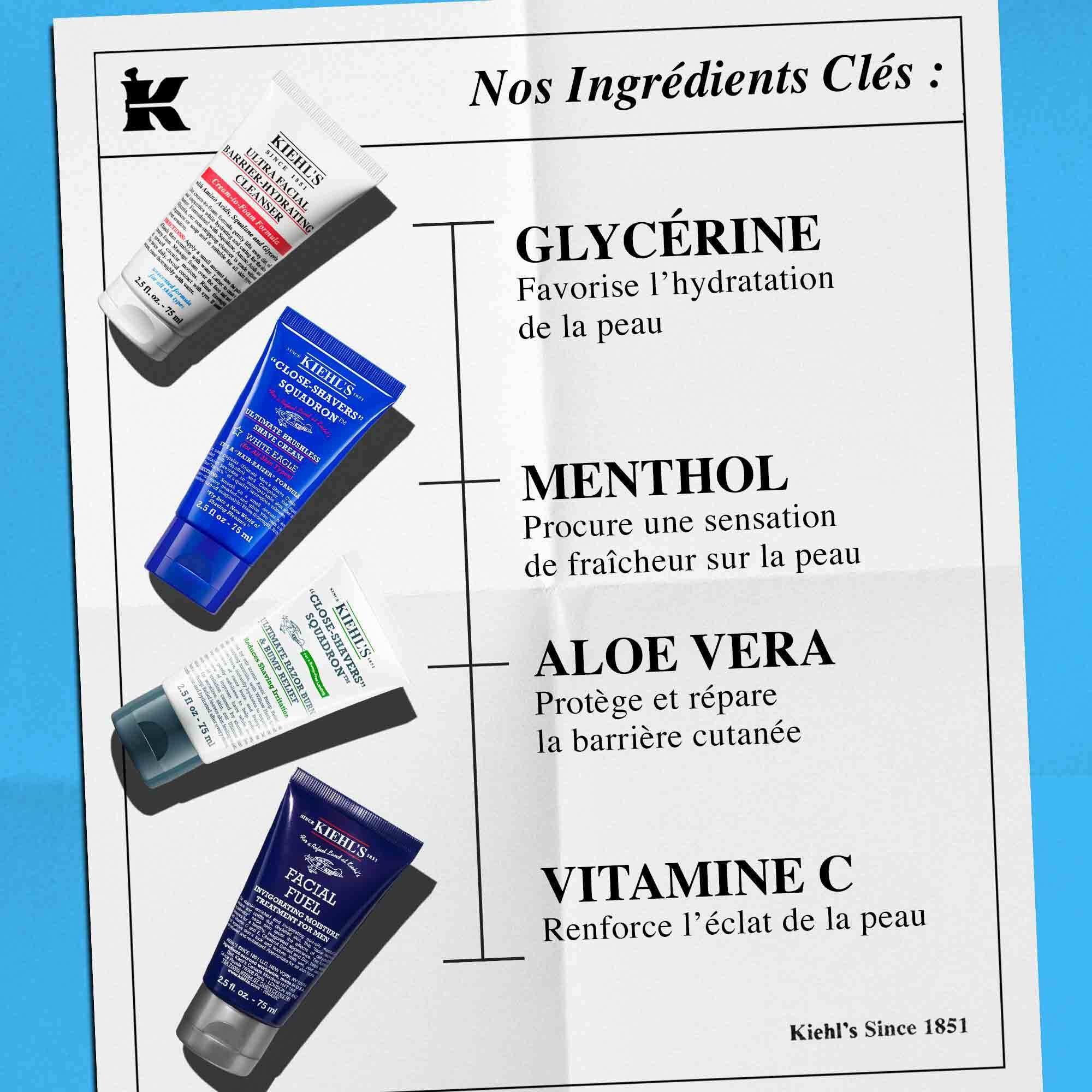 – Les produits de soins pour hommes Kiehl’s contenant de la glycerine, du menthol, de l’aloe vera et de la vitamine Cg, mettant l’accent sur les bienfaits nettoyants, rases et hydratants.