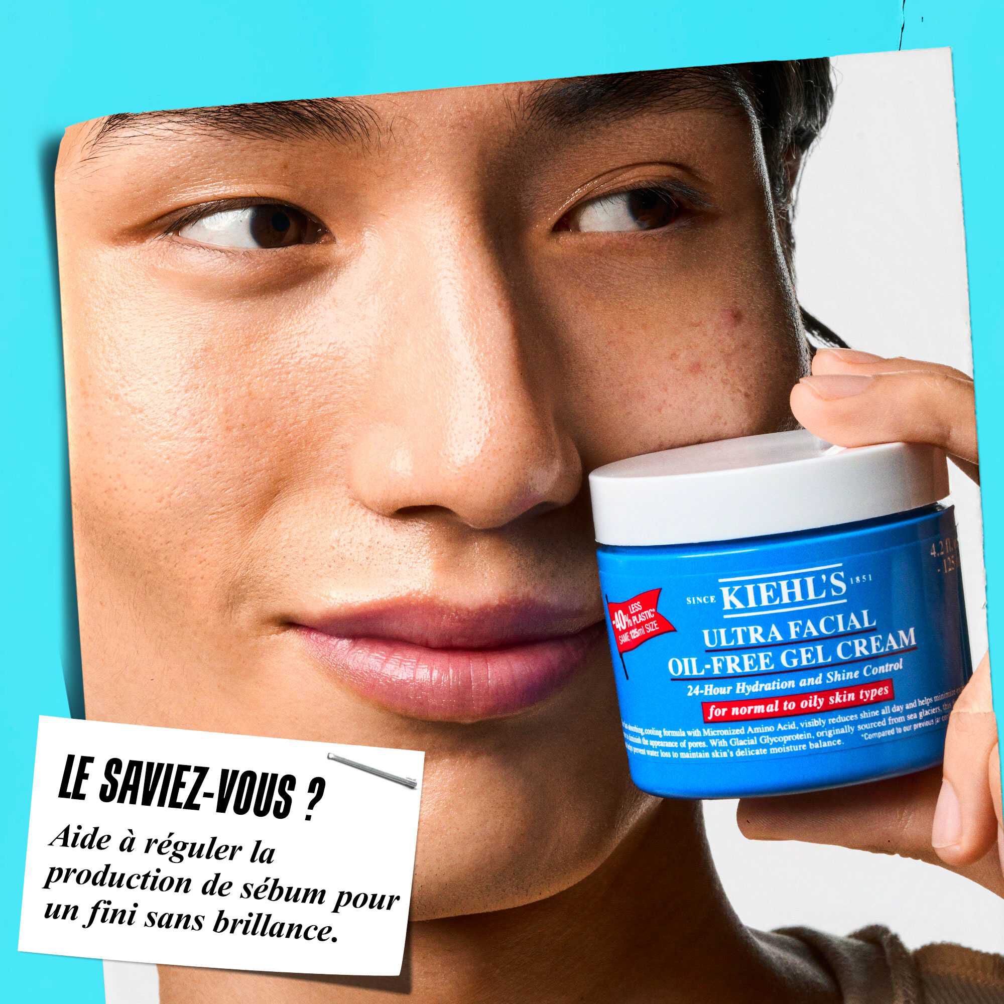 Un pot de gel-creme Ultra Facial Oil-Free Gel Cream avec une mention indiquant qu'il « aide a reguler la production de sebum pour un fini sans brillance. »