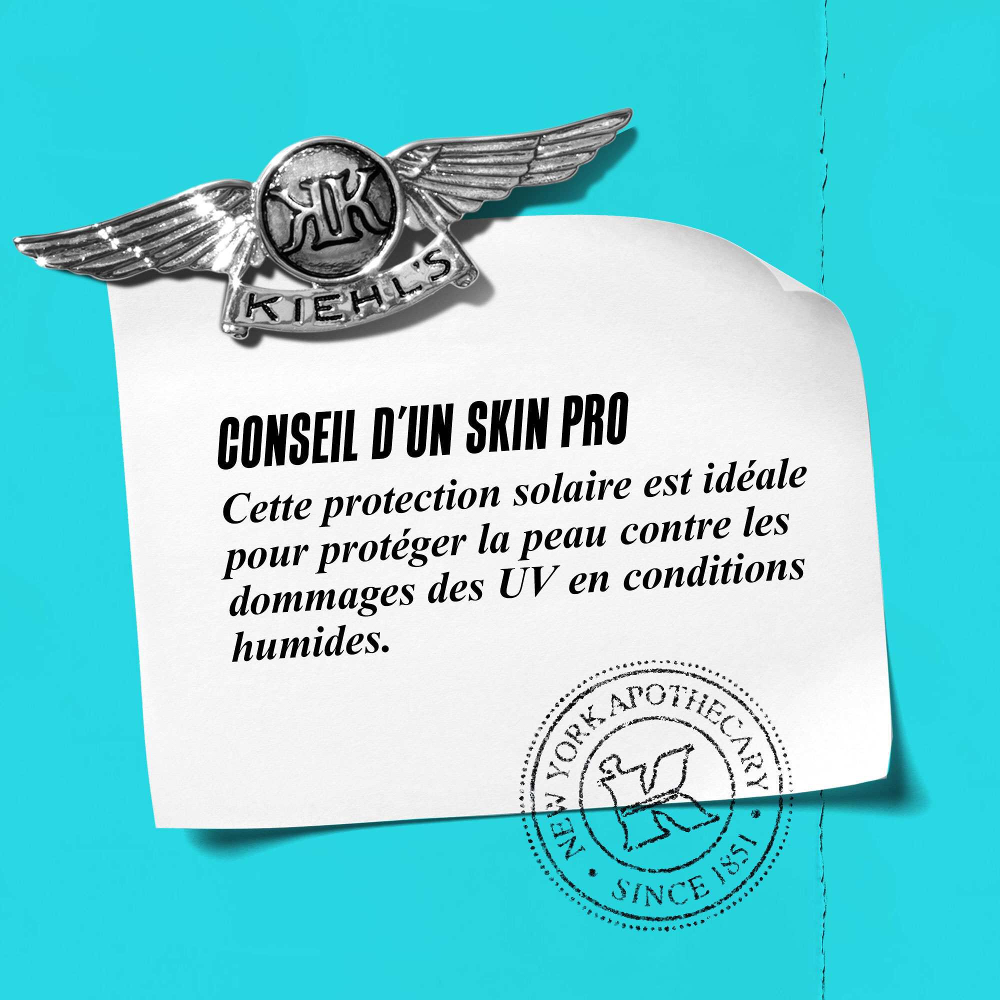 Graphique avec le texte : « Conseil d'expert : Cet ecran solaire est ideal pour proteger contre les dommages UV dans des conditions humides. »