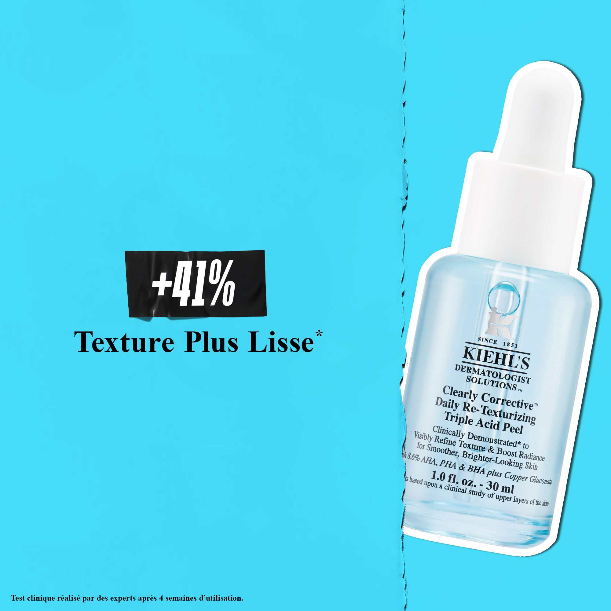 Un flacon de Clearly Corrective Triple Acid Peel sur fond bleu avec le texte : « +41 % de texture plus lisse. »