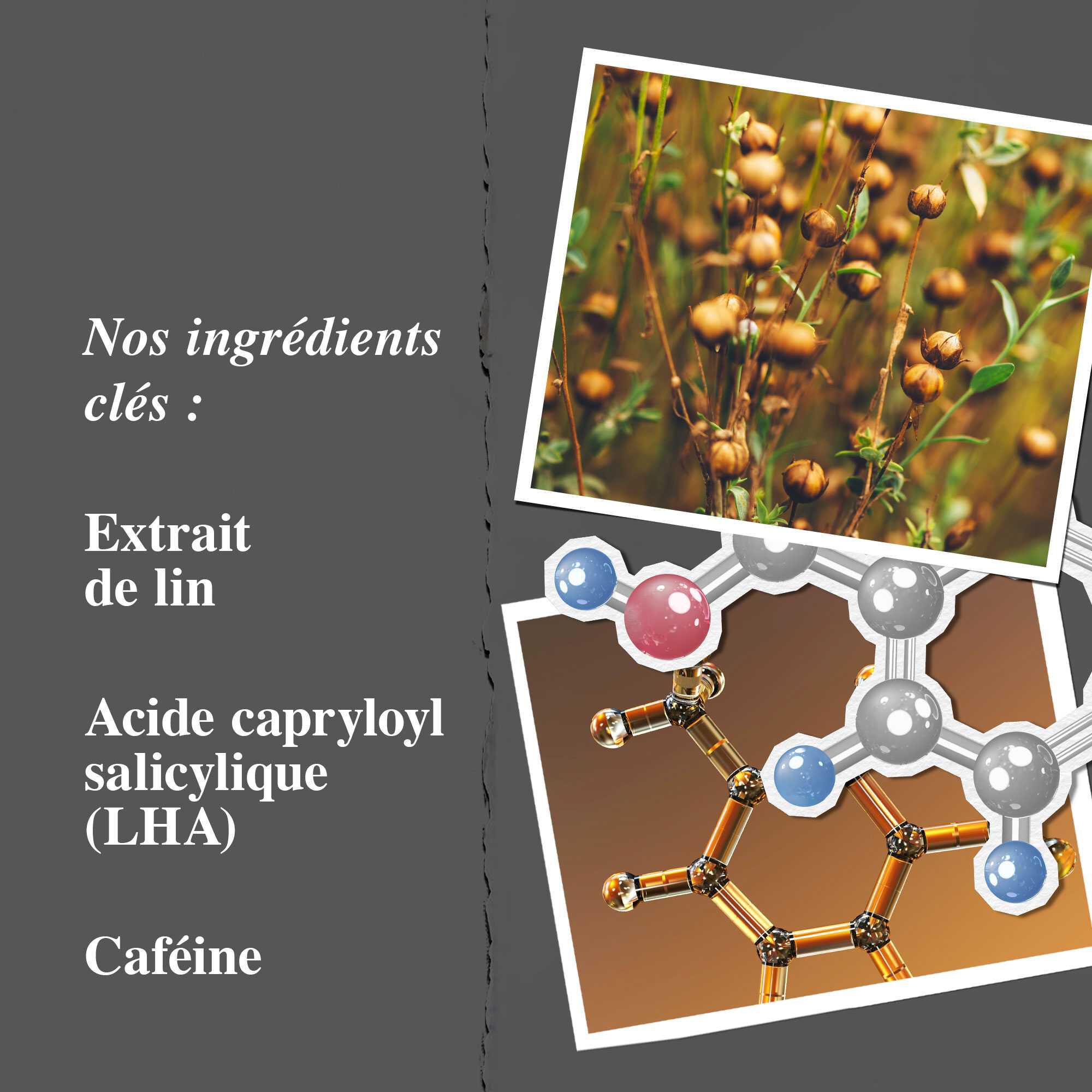 Graphique des ingredients cles mettant en avant l'extrait de lin, l'acide salicylique et la cafeine.