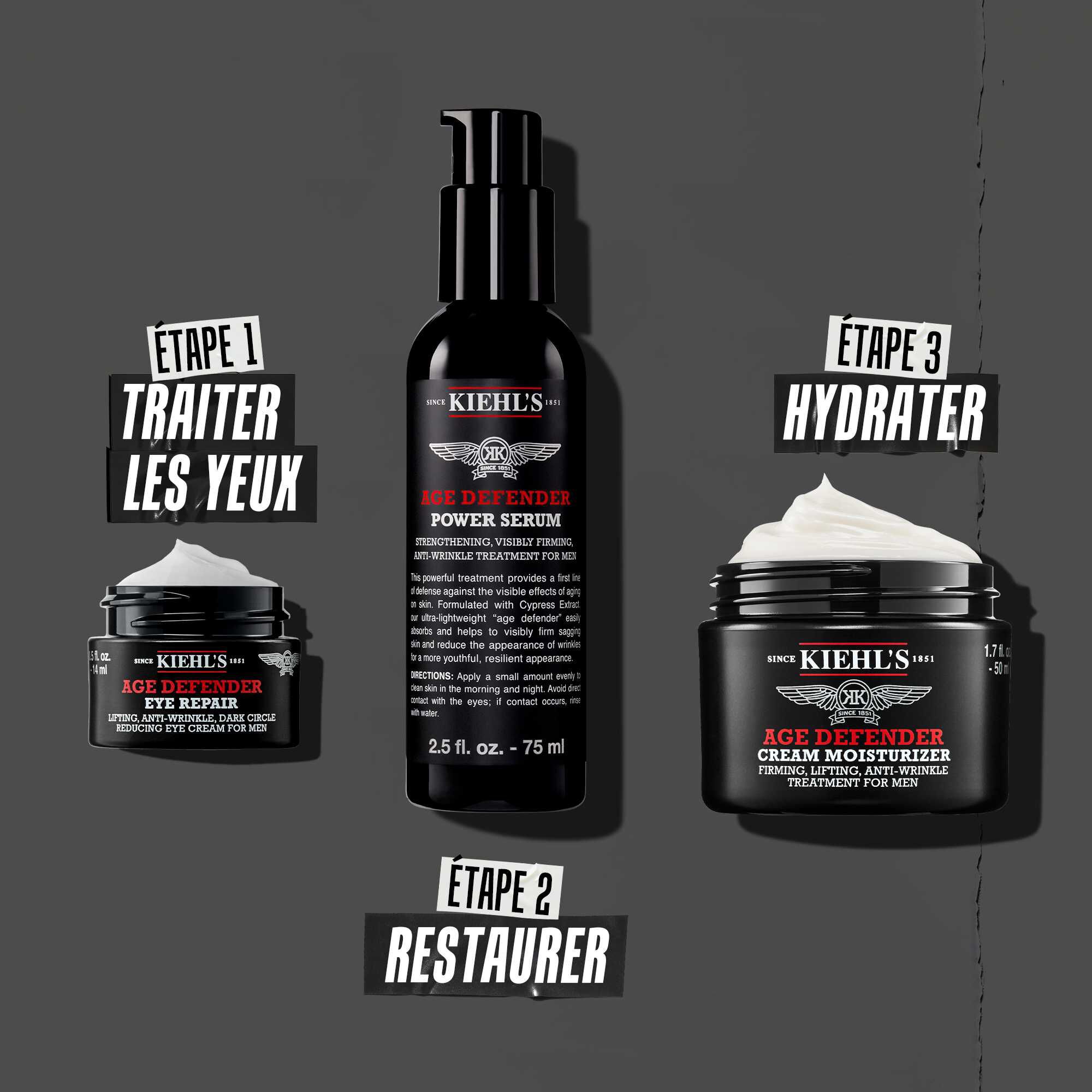 Routine Age Defender en trois etapes : Etape 1 : Traitement des yeux. Etape 2 : Serum hydratant. Etape 3 : Restauration avec la creme.