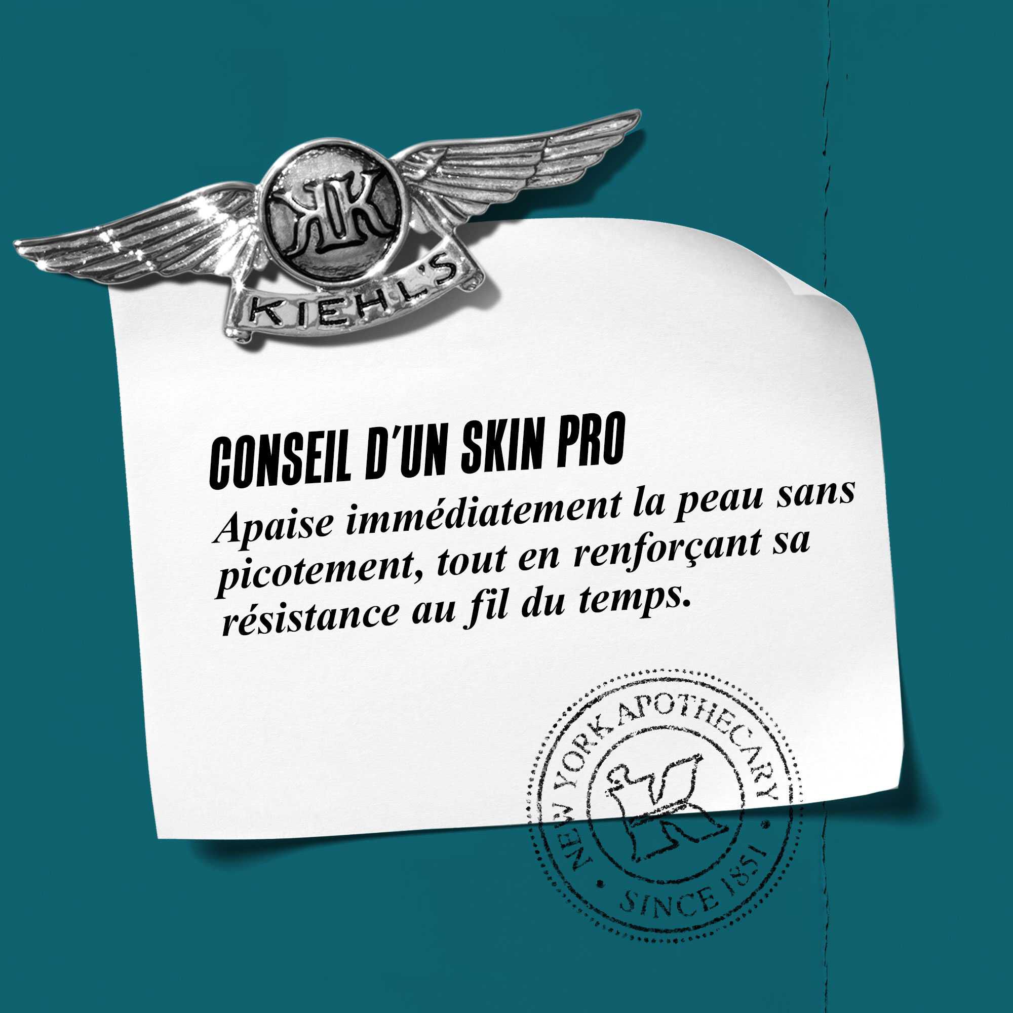 Graphique avec le texte « Conseil d'expert : Laisse la peau visiblement "sans picotement" des l'utilisation immediate et plus resistante au fil du temps. »