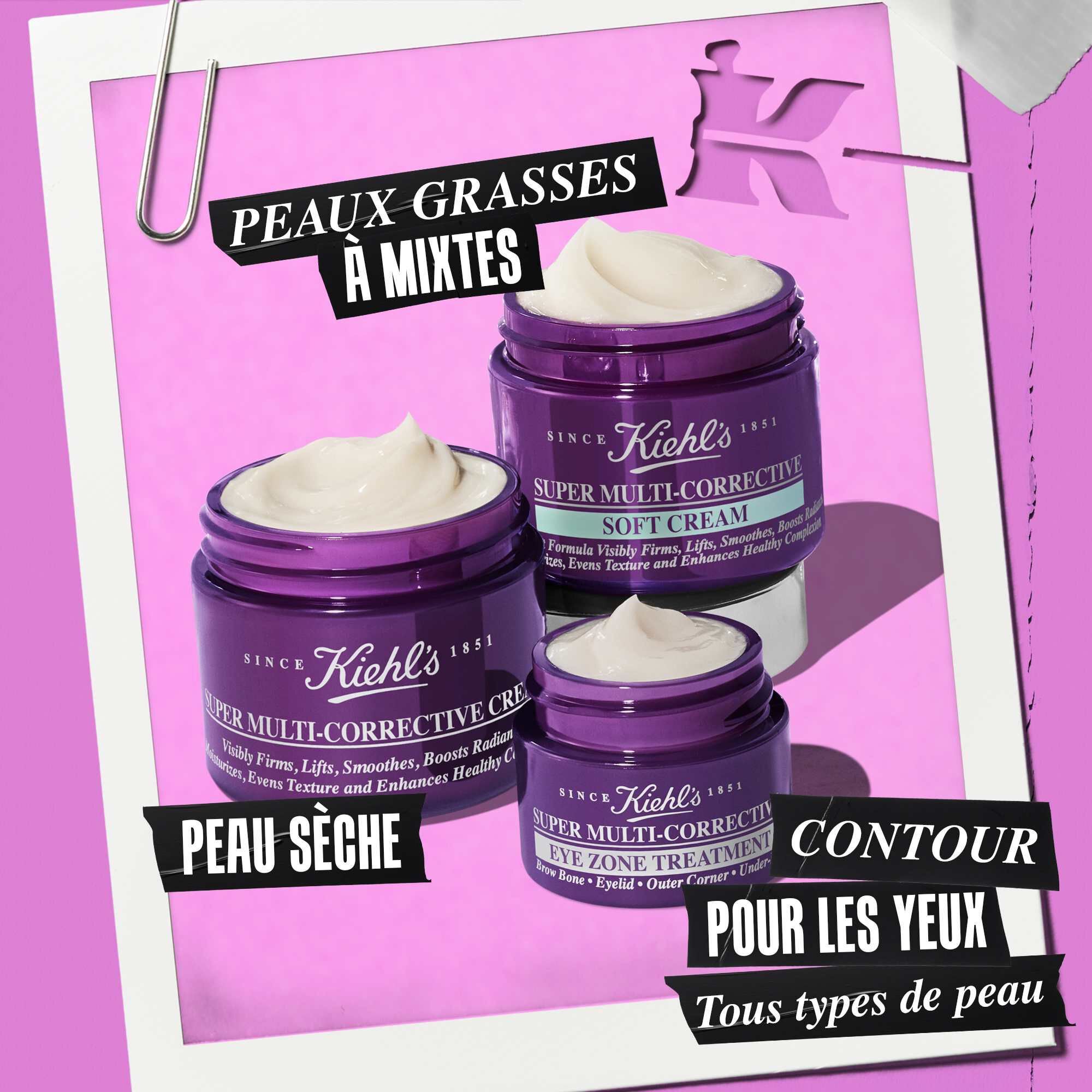 3 pots ouverts de la gamme de produits Super Multi-Corrective – Cream, Soft Cream, Eye Zone Treatment