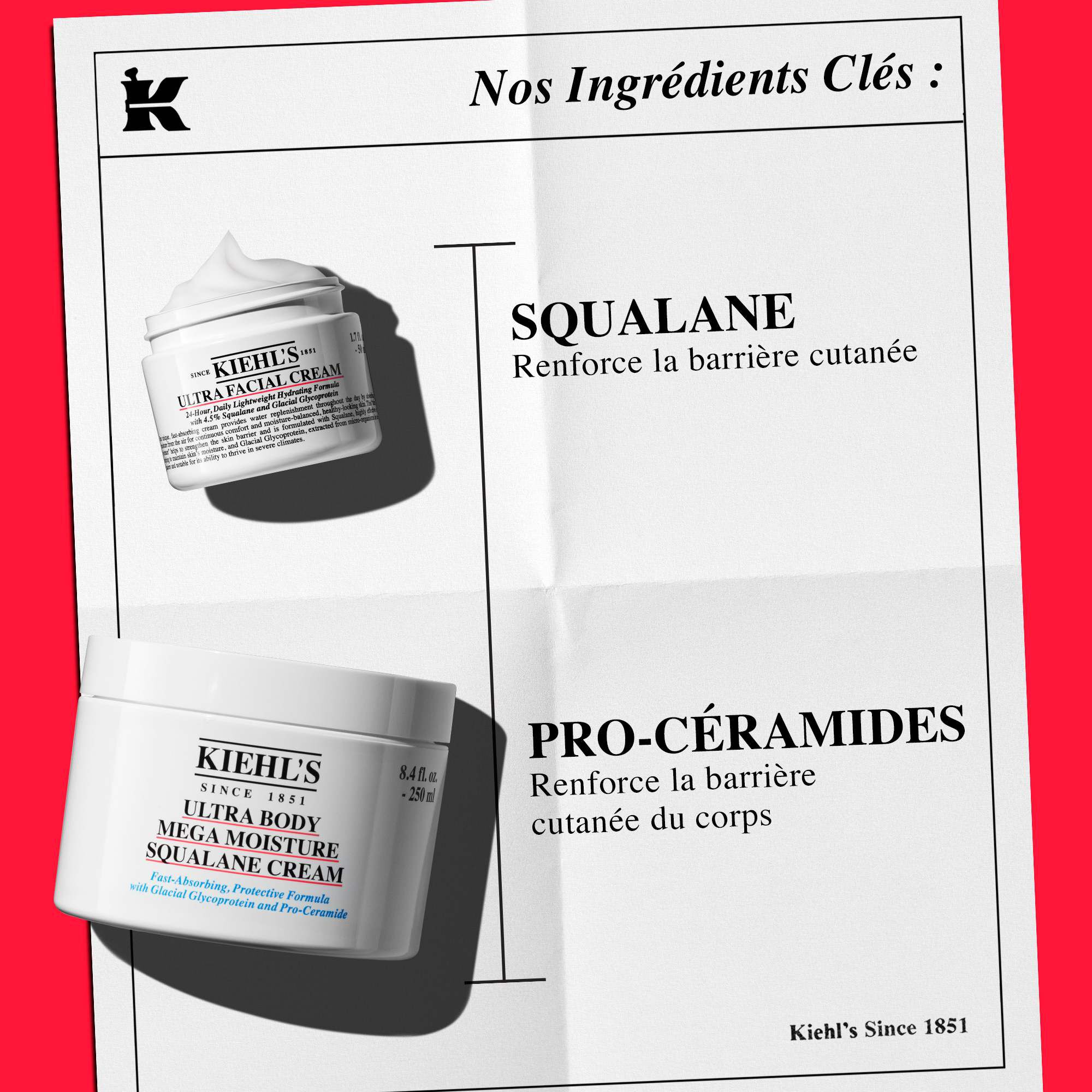 La Ultra Facial Cream de Kiehl’s et la Ultra Body Mega Moisture Squalane Cream, mettant en valeur des ingredients comme le Squalane pour le regain de barriere et les Pro-Ceramides pour la resistance de la barriere.