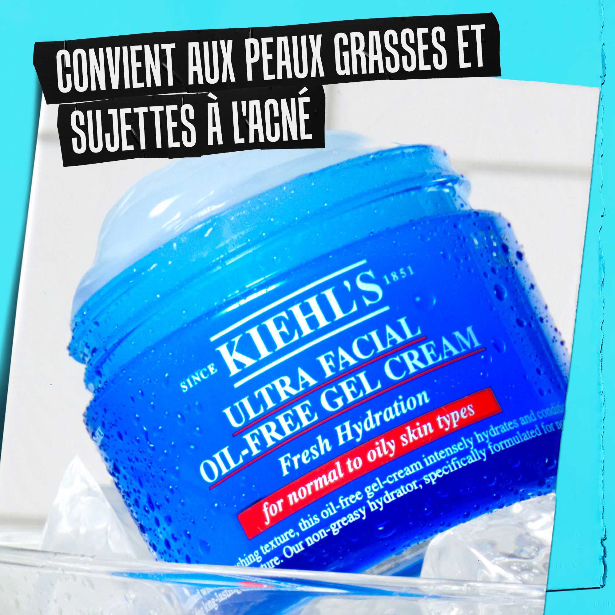 Un pot de gel-creme Ultra Facial Oil-Free Gel Cream avec la mention « Bon pour les peaux grasses et a tendance acneique. »