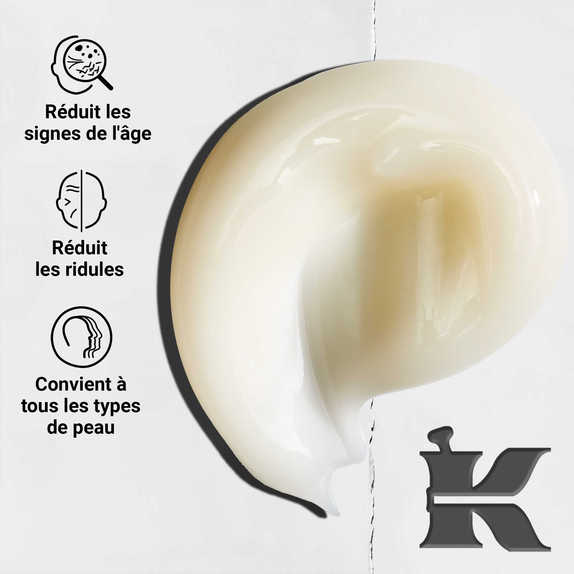 Gros plan sur la texture du serum Age Defender Power ; formule legere, reduit les signes de l'age et les ridules, convient a tous les types de peau.