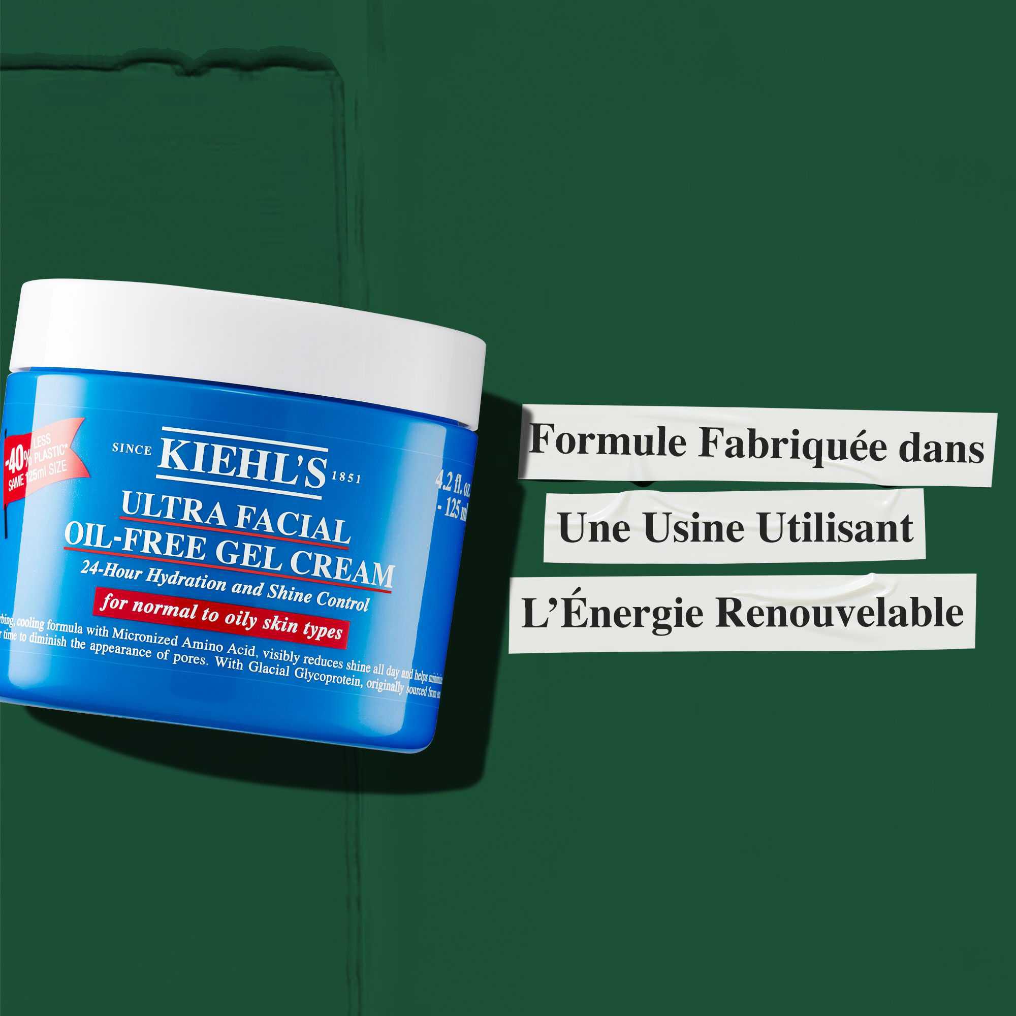 Un pot de gel-creme Ultra Facial Oil-Free Gel Cream avec le texte « Formule fabriquee dans une usine utilisant de l'energie renouvelable. »