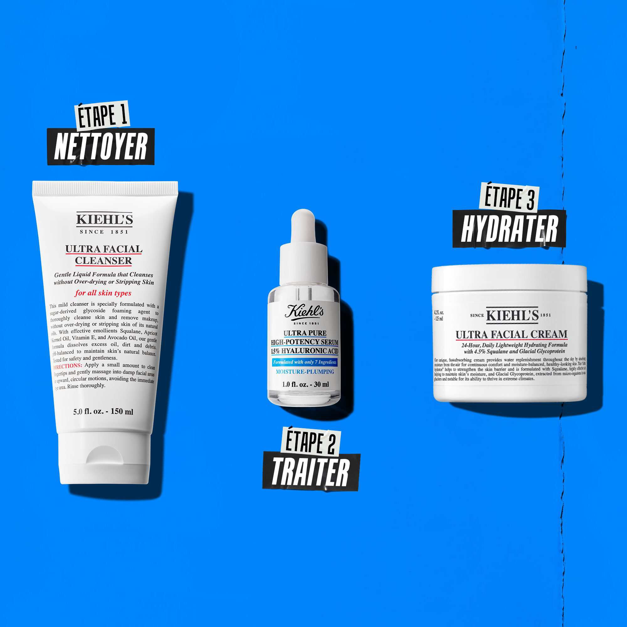 Une routine en trois etapes avec les produits Kiehl's. Etape 1 : Ultra Facial Cleanser. Etape 2 : Serum a l'acide hyaluronique. Etape 3 : Ultra Facial Cream.