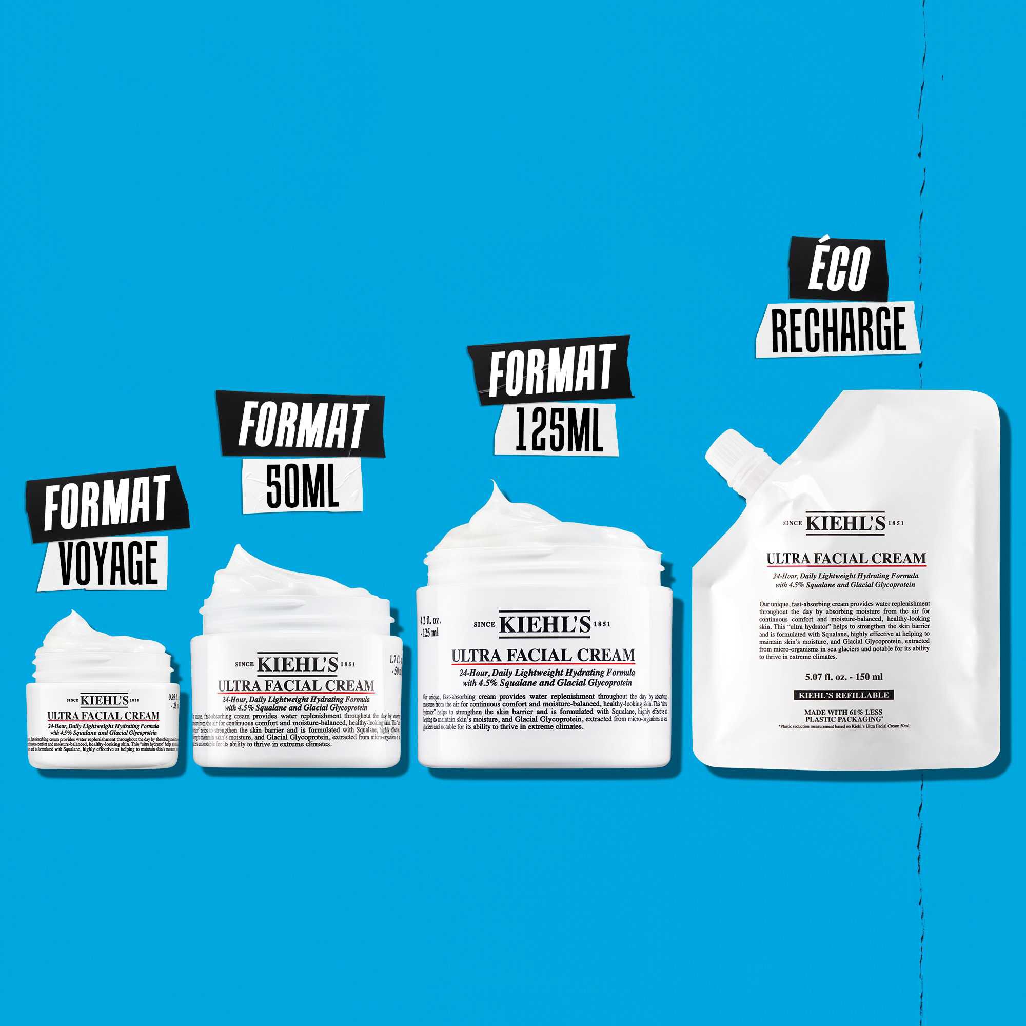 L'eco-recharge de la creme Ultra Facial contient 61 % de plastique en moins et 3 fois plus de formule