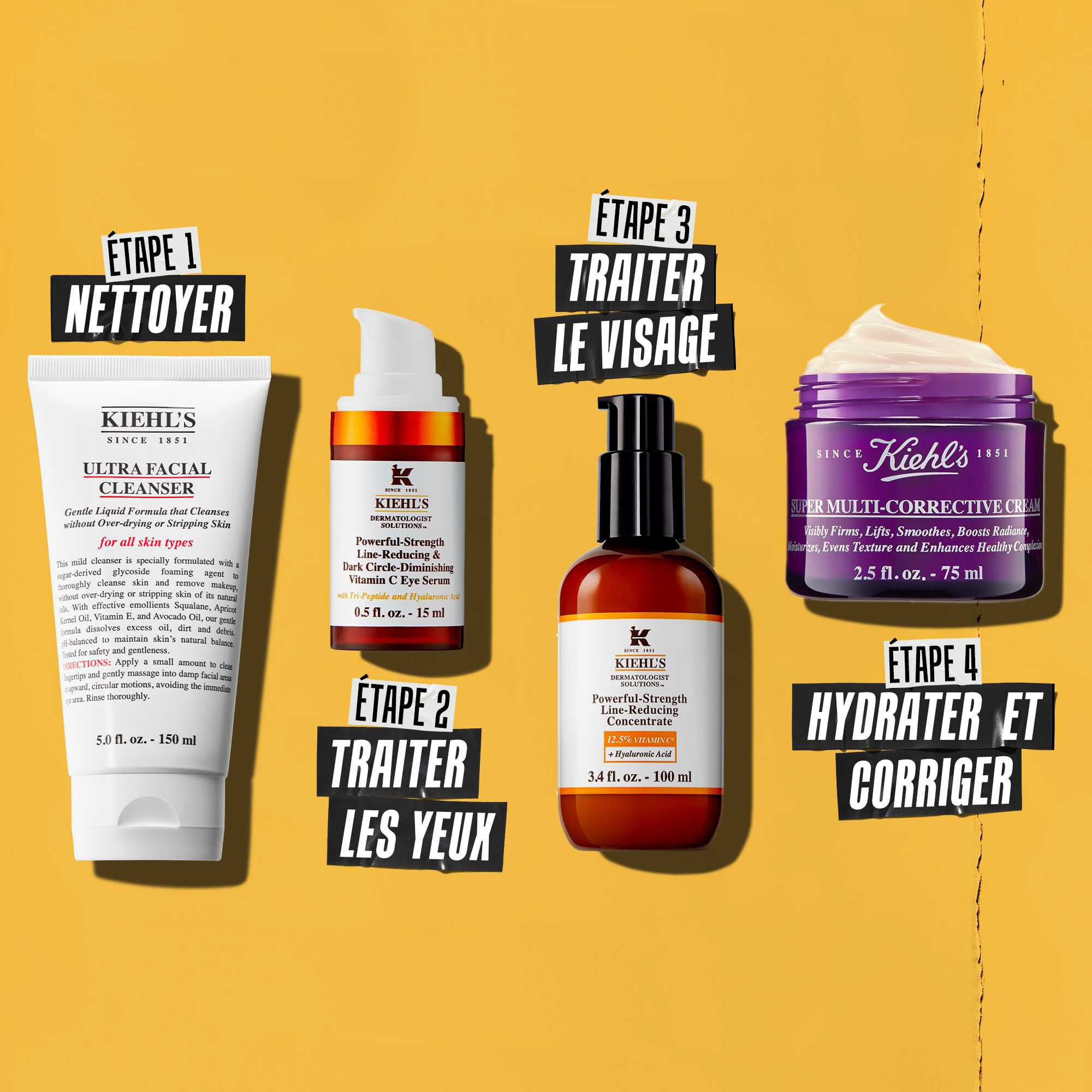Quatre produits Kiehl's representant une routine de soin. De gauche a droite : nettoyant, creme contour des yeux, Powerful-Strength Line-Reducing Concentrate et hydratant.