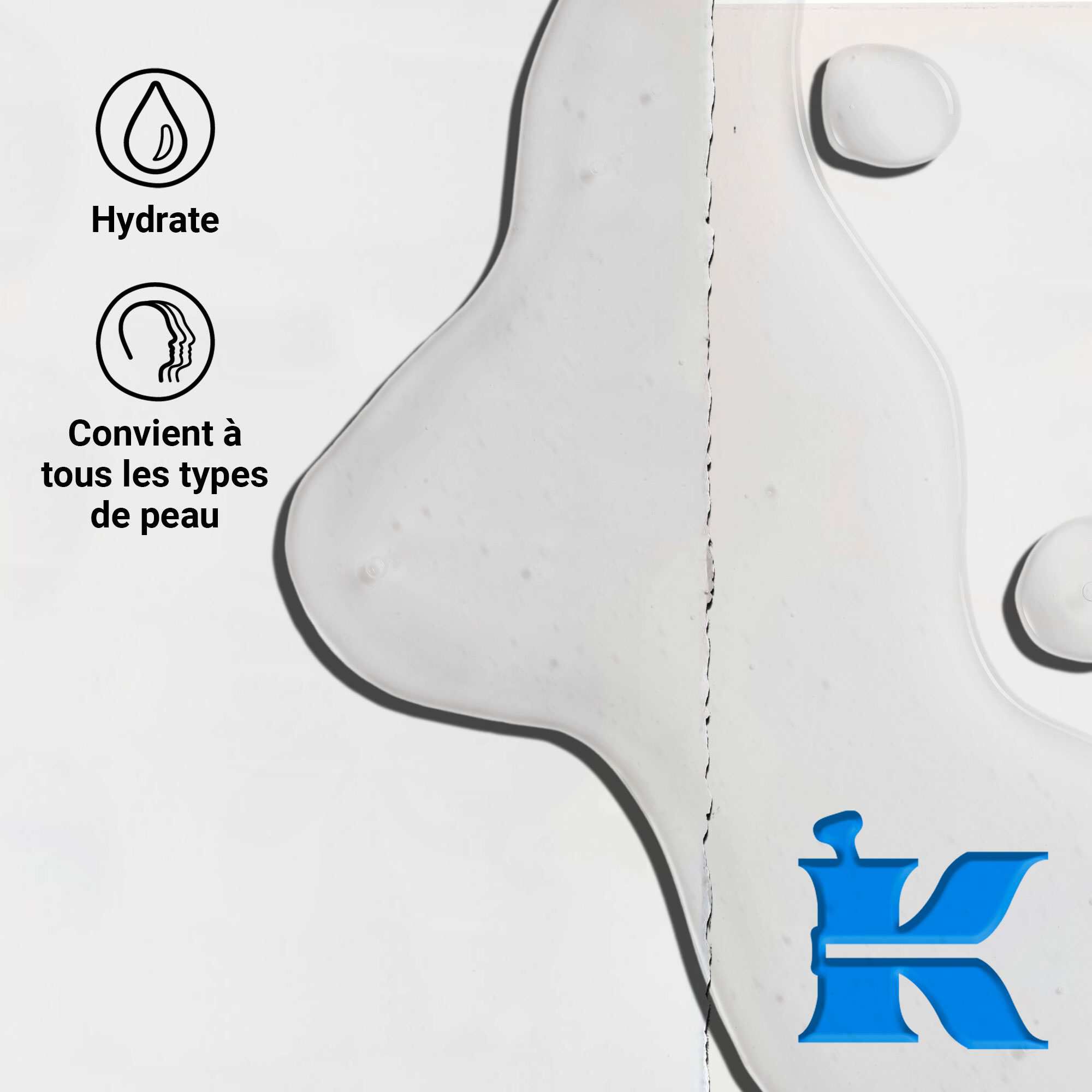 Gros plan sur la texture du serum Ultra Pure 1.5% Hyaluronic Acid montrant des gouttelettes liquides claires. Le texte souligne les bienfaits hydratants et la compatibilite avec tous les types de peau.