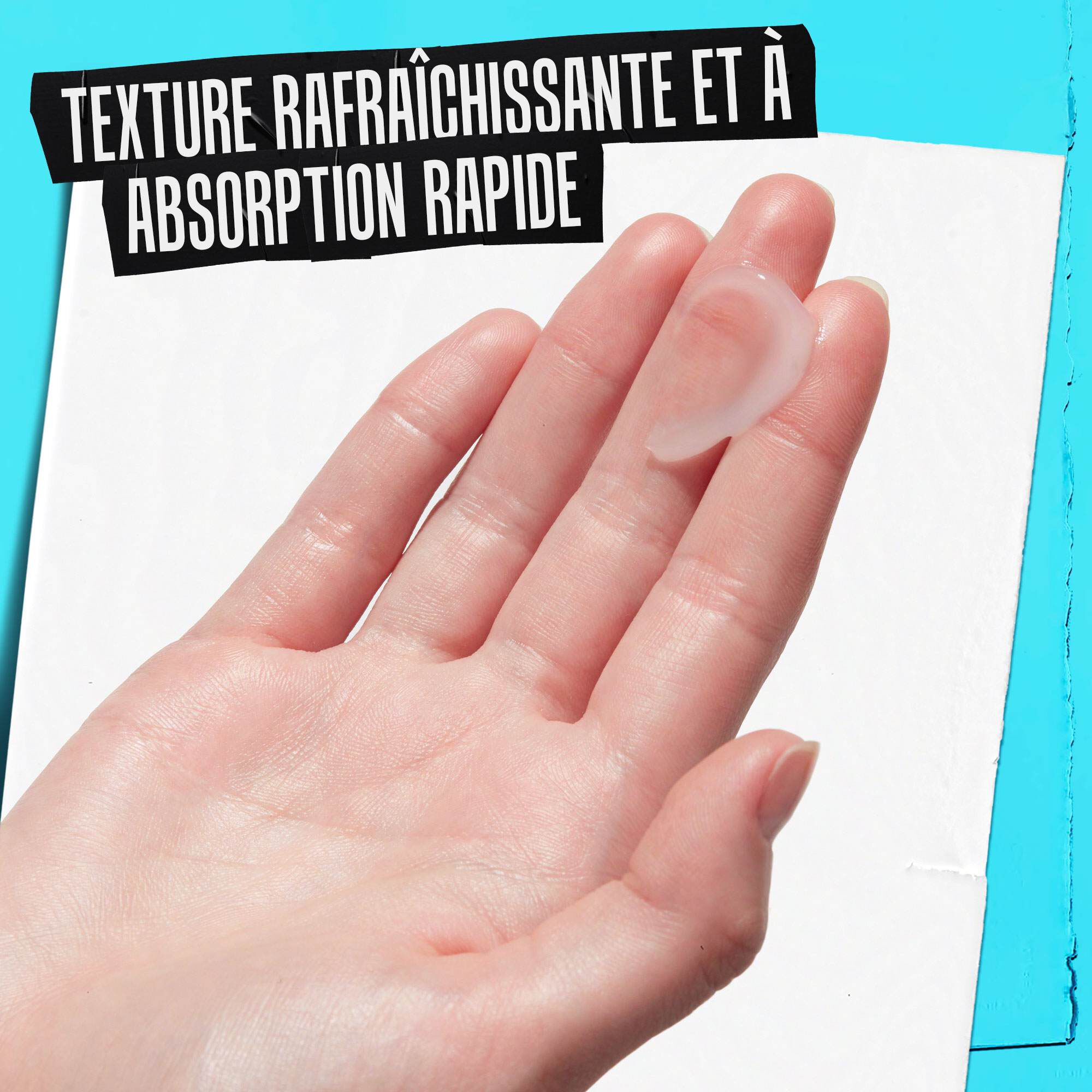 Une main appliquant le gel-creme Ultra Facial Oil-Free Gel Cream SPF 30 avec un texte soulignant sa texture rafraichissante et a absorption rapide.