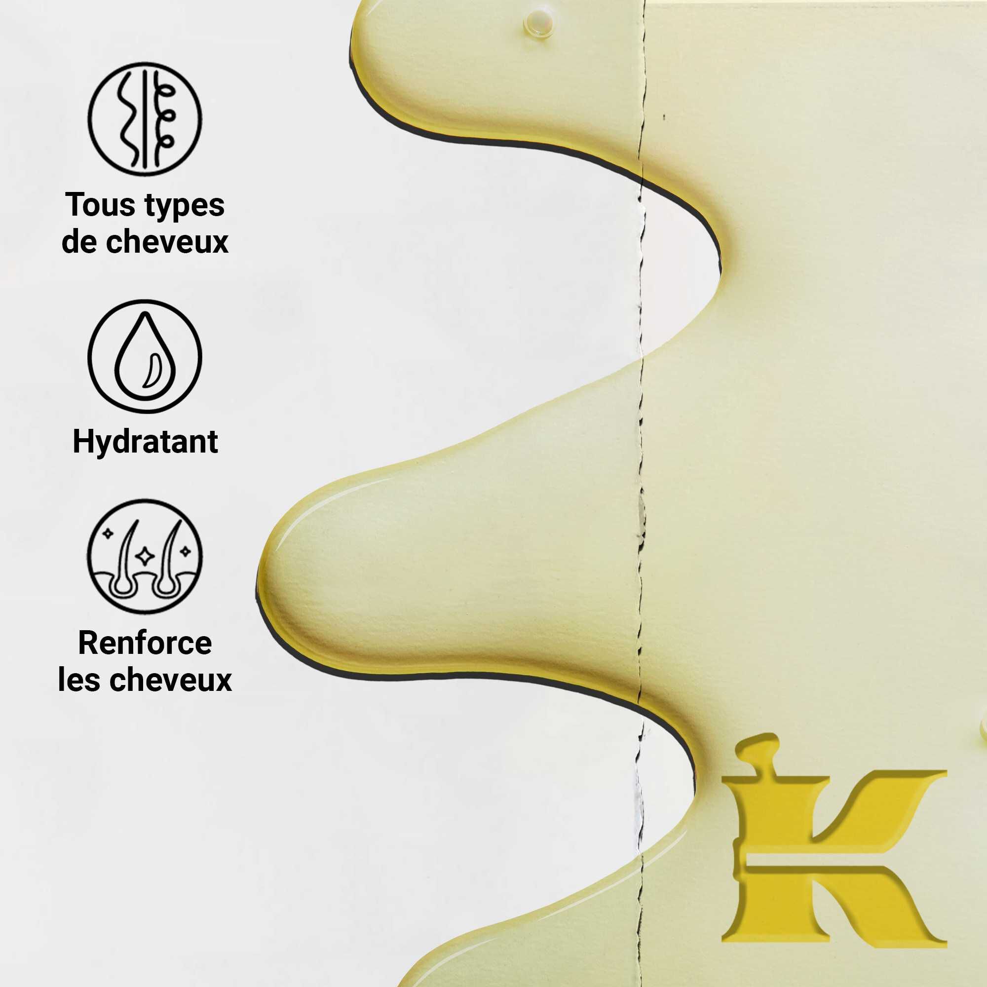 Gros plan sur la texture de l'huile capillaire Magic Elixir. Le texte souligne qu'elle est hydratante, legere et concue pour ameliorer la texture des cheveux pour tous les types de cheveux.