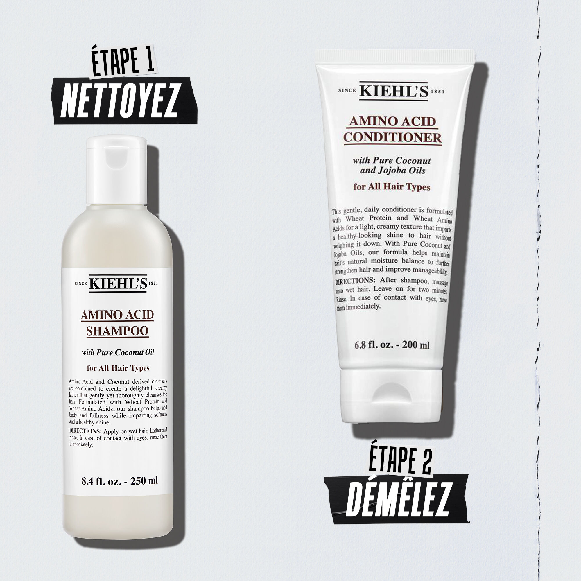 Illustration de routine capillaire aux acides amines de Kiehl’s avec bouteilles – Etape 1 Nettoyage Etape 2 Conditionnement
