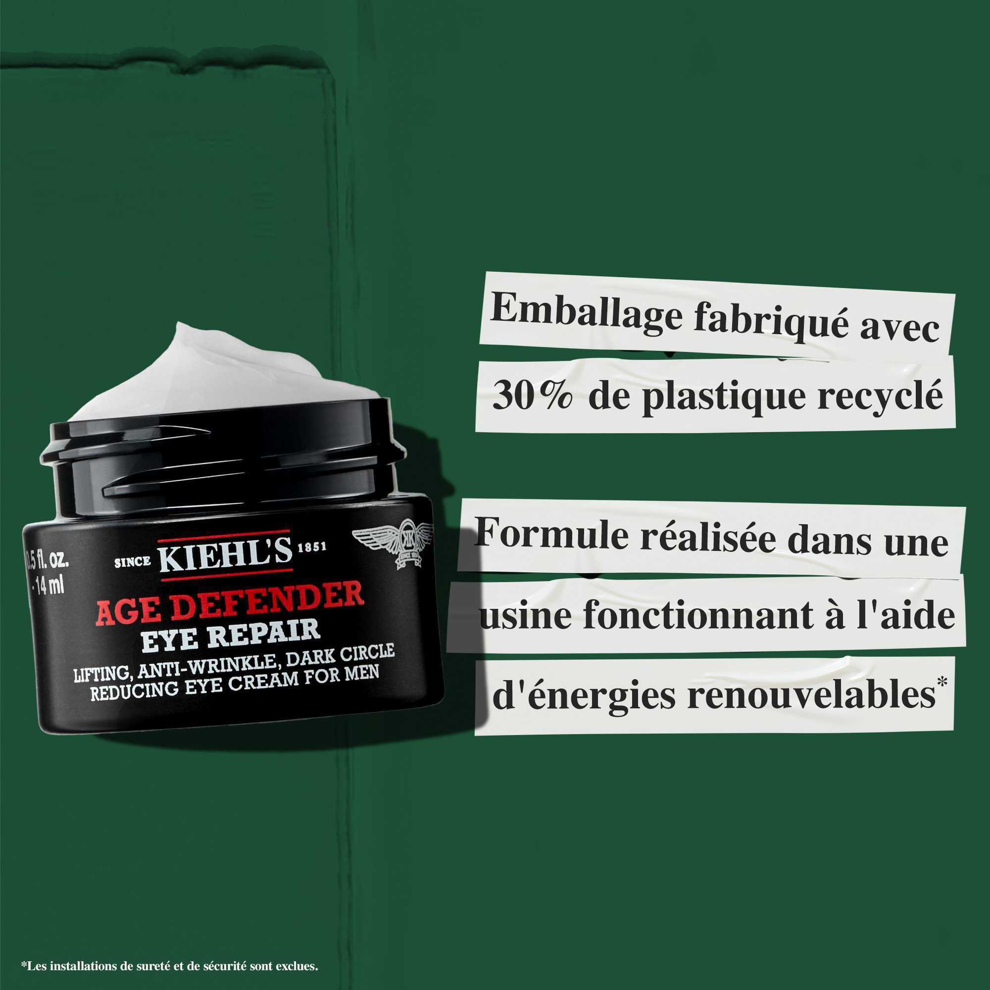 Pot Age Defender Eye Repair compose a 30 % de plastique recycle ; formule fabriquee dans une usine utilisant de l'energie renouvelable.