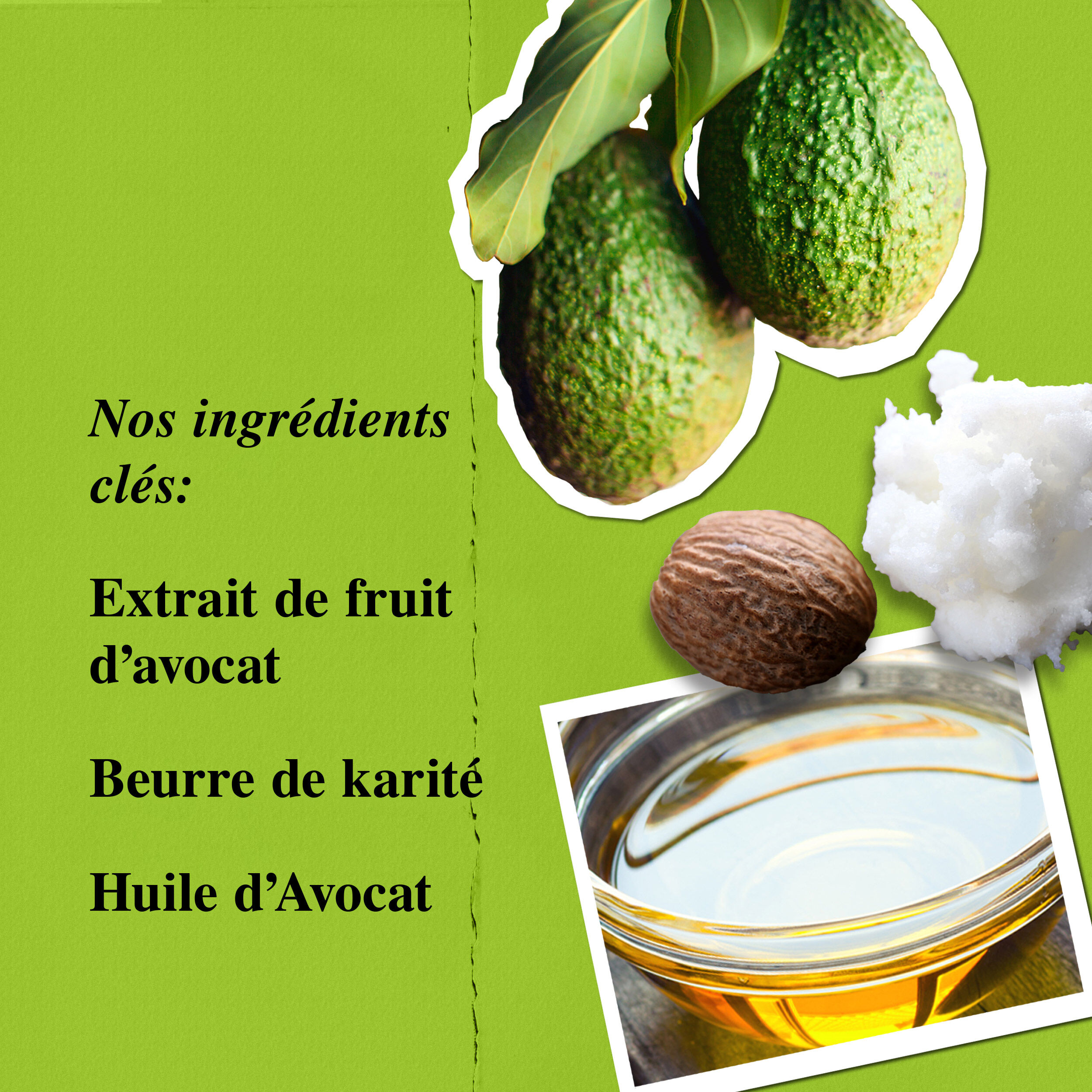 Ingredients du Masque Hydratant Nourrissant a l'Avocat - Extrait d'Avocat, Beurre de Karite, Huile d'Avocat