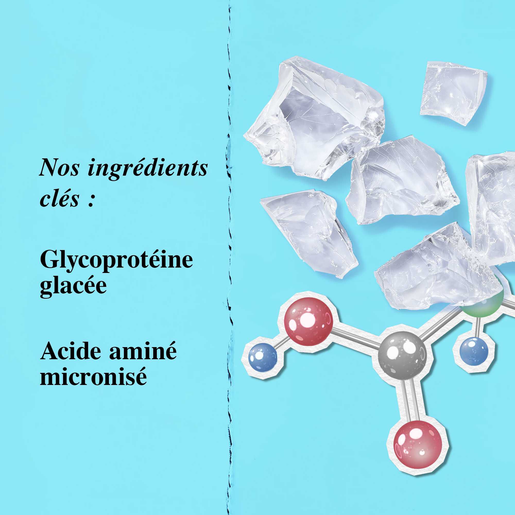 Graphique des ingredients cles mettant en avant la glycoproteine glaciale et l'acide amine micronise.
