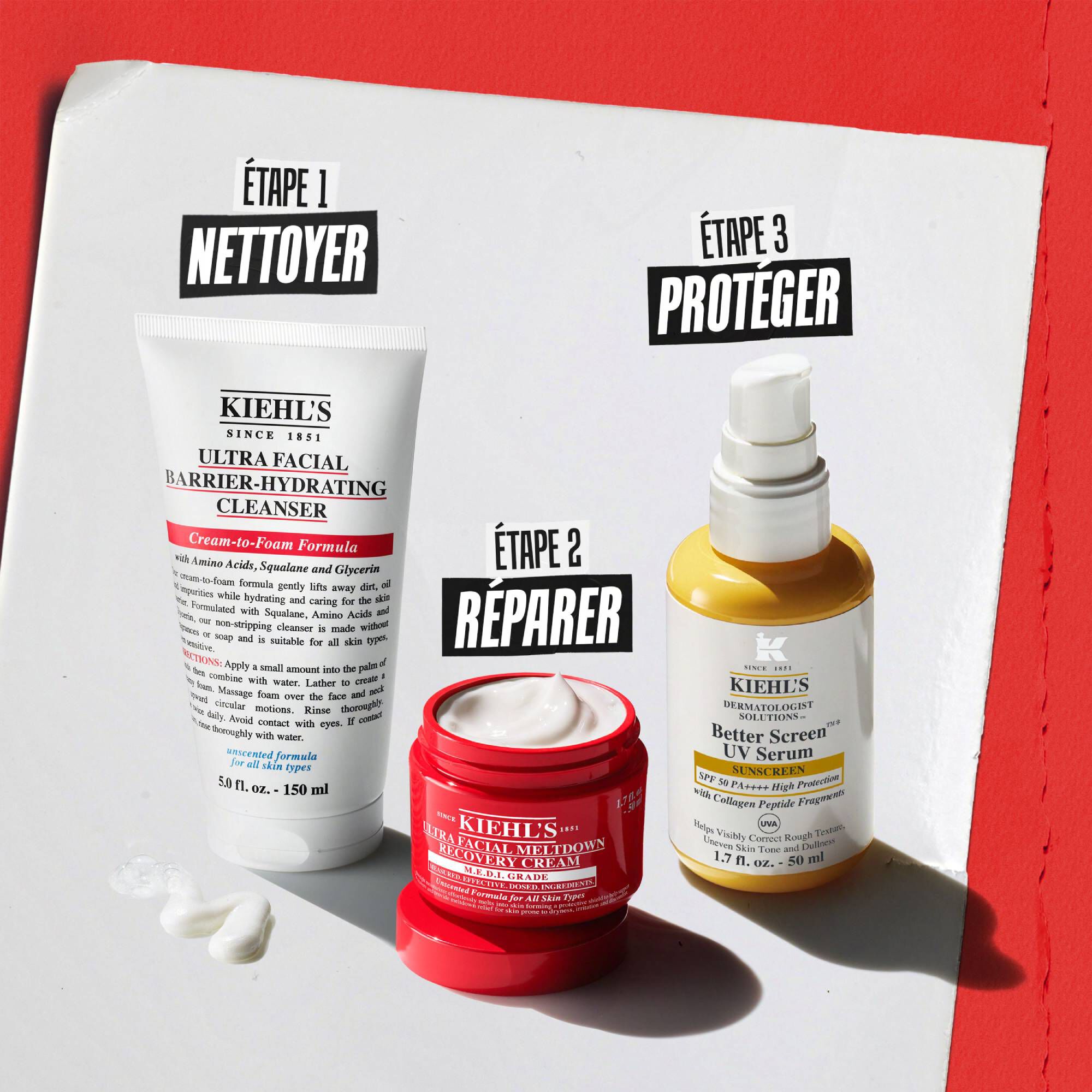 Trois produits Kiehl’s : Etape 1 Nettoyer (Barrier-Hydrating Cleanser), Etape 2 Reparer (Meltdown Recovery Cream) et Etape 3 Proteger (Better Screen UV Serum).