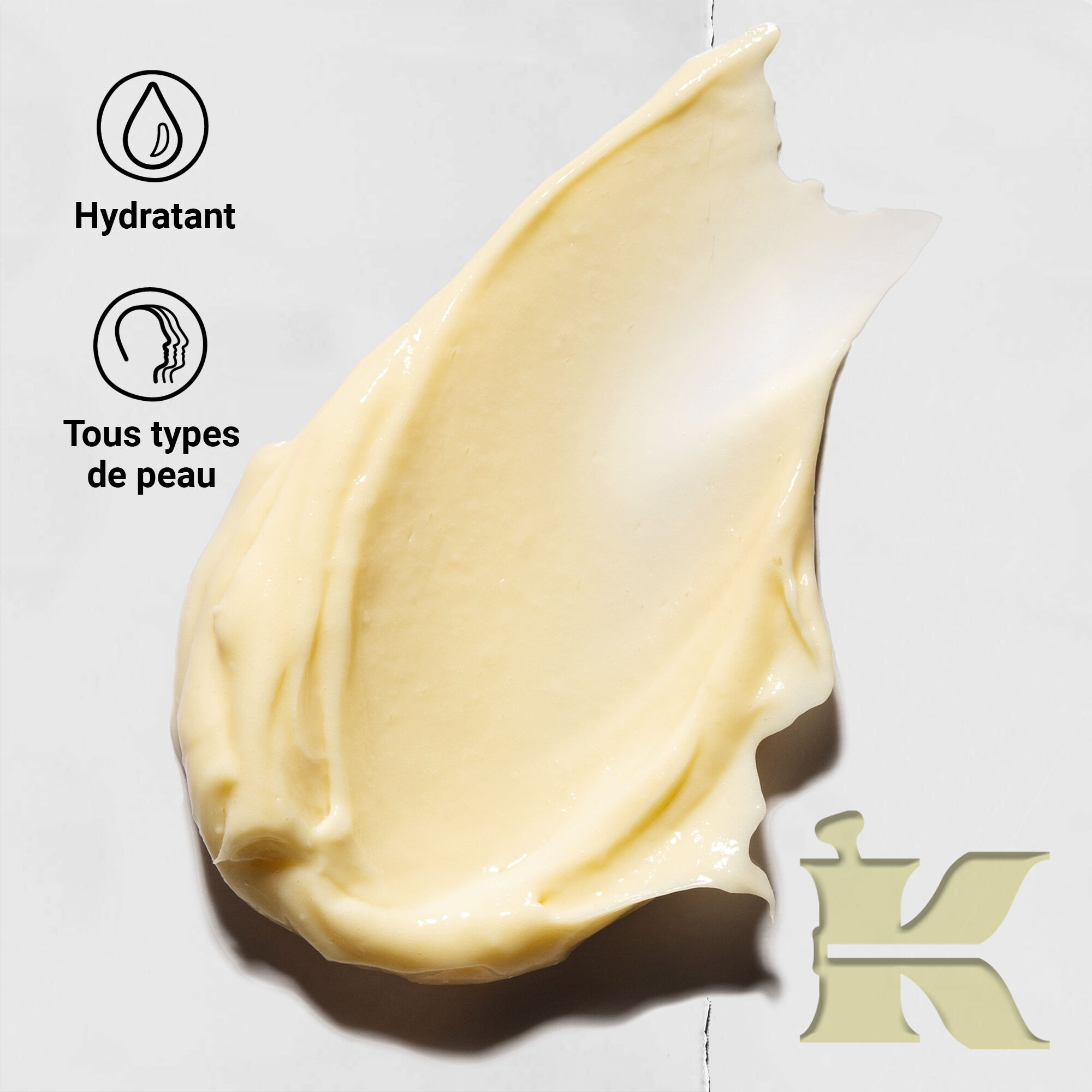 Photo de la texture de Creme de Corps avec des icones indiquant qu'elle offre une hydratation et convient a tous les types de peau