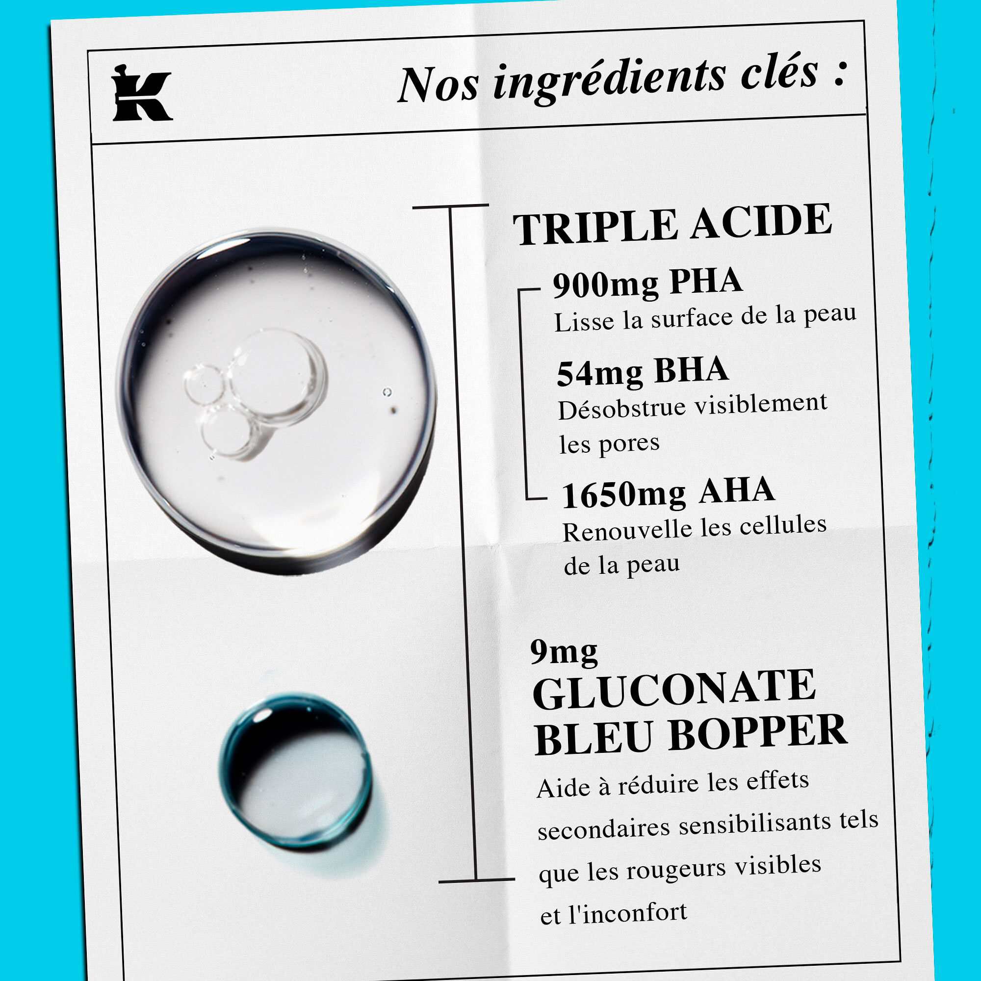 Une analyse de la formule avec un texte soulignant « Triple Acide » et « Gluconate de Cuivre Bleu » comme ingredients cles.