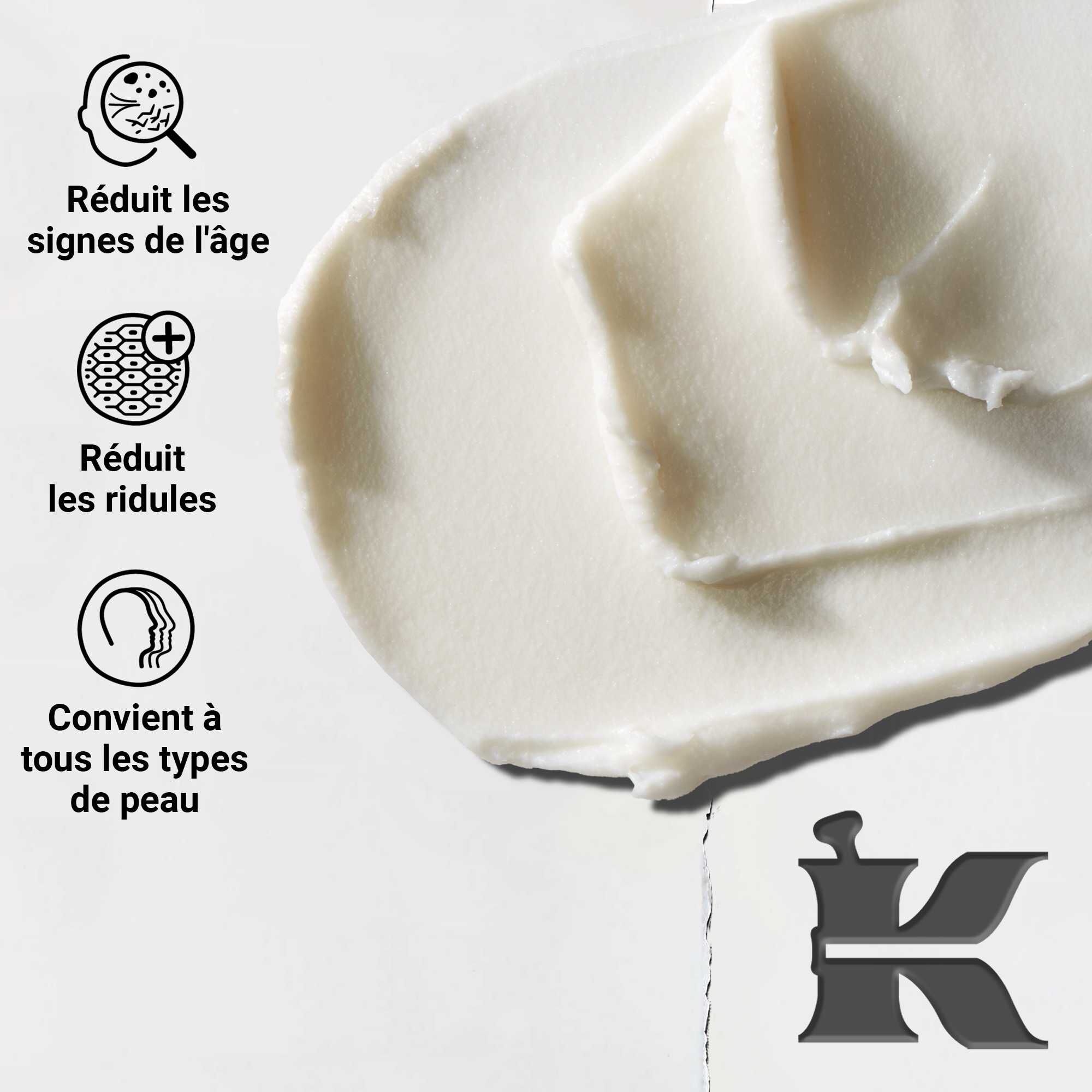 Gros plan sur la texture du soin yeux Age Defender ; reduit les signes de l'age, ameliore le grain de peau, convient a tous les types de peau.