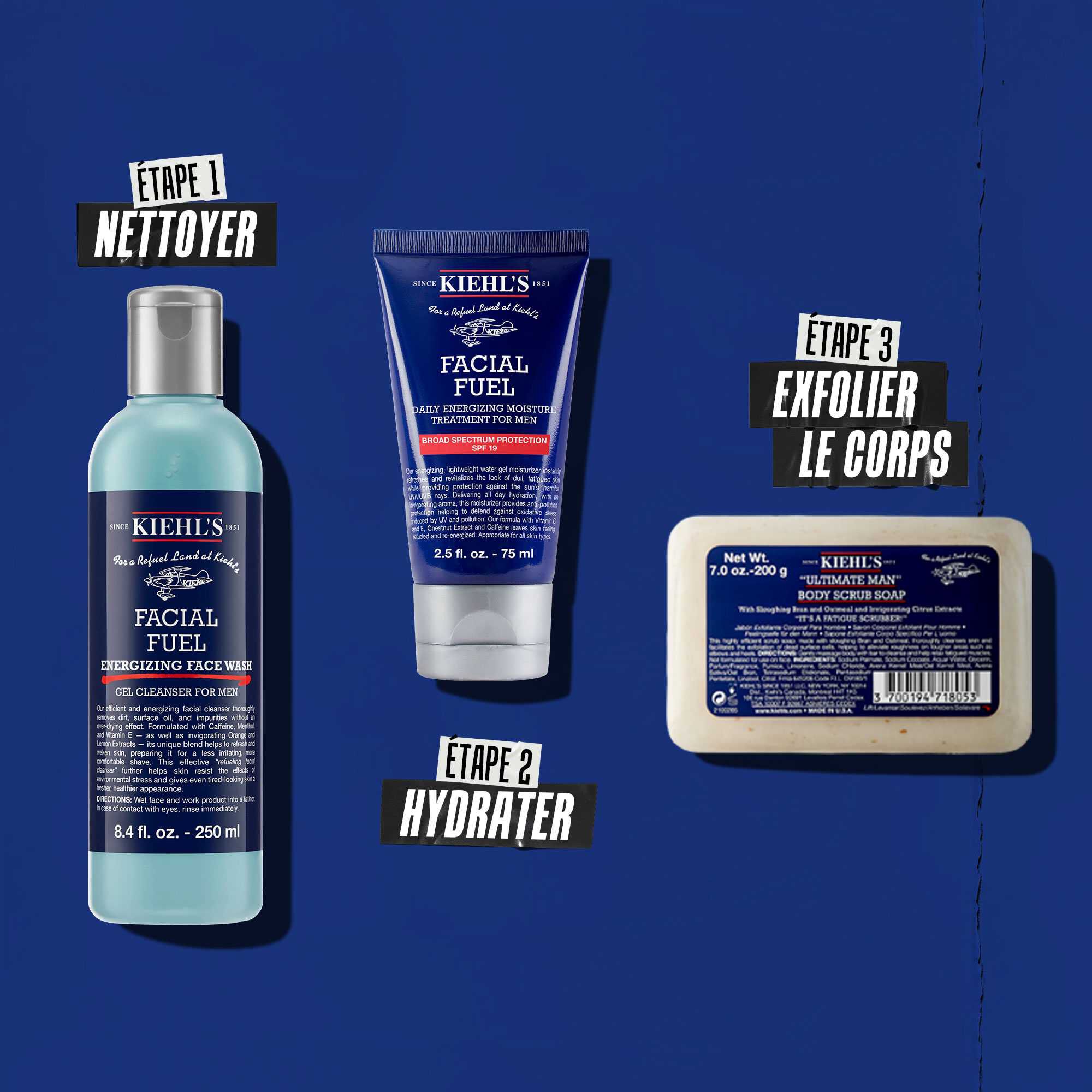 Trois produits Kiehl's representant une routine. De gauche a droite : Facial Fuel Cleanser, Facial Fuel Moisturizer et Ultimate Man Body Scrub Soap.