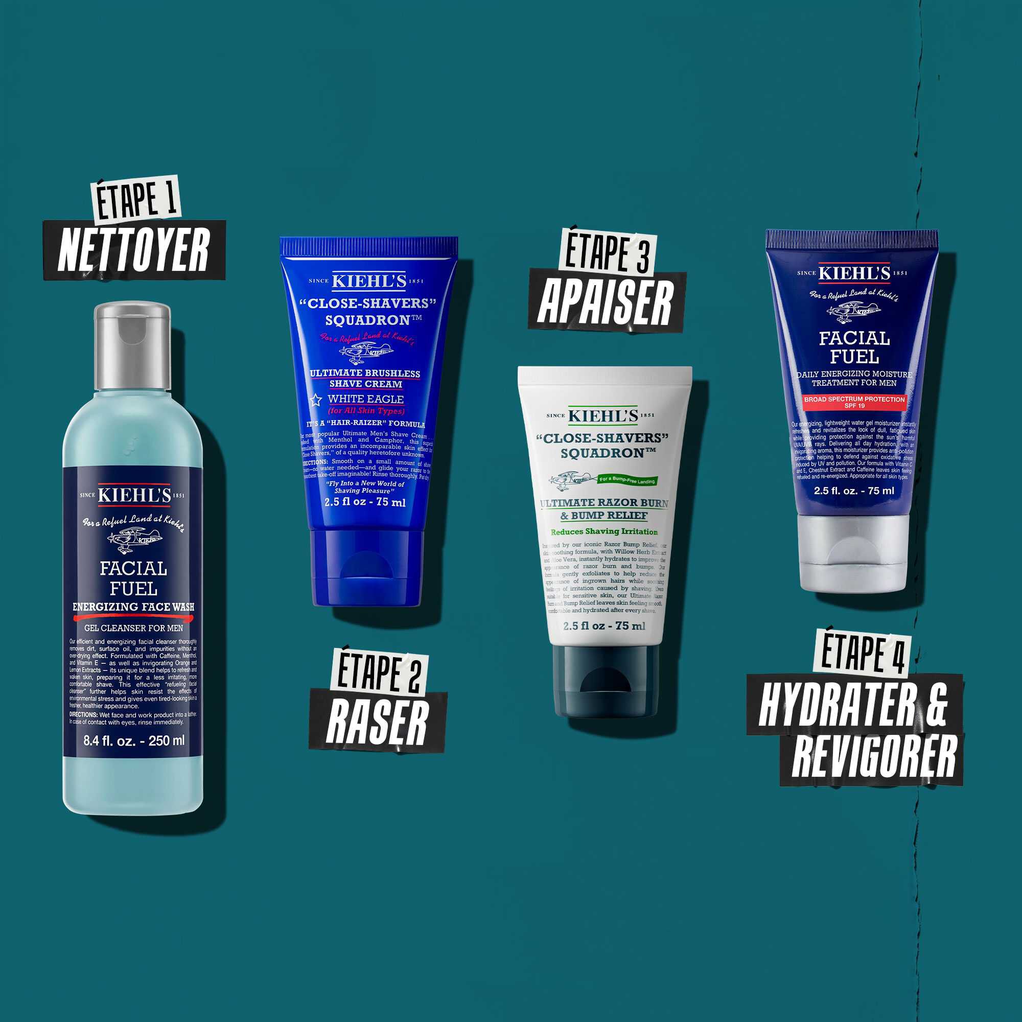 Quatre produits Kiehl’s pour une routine de soin pour hommes : Nettoyer, Raser, Apaiser et Hydrater/Revigorer