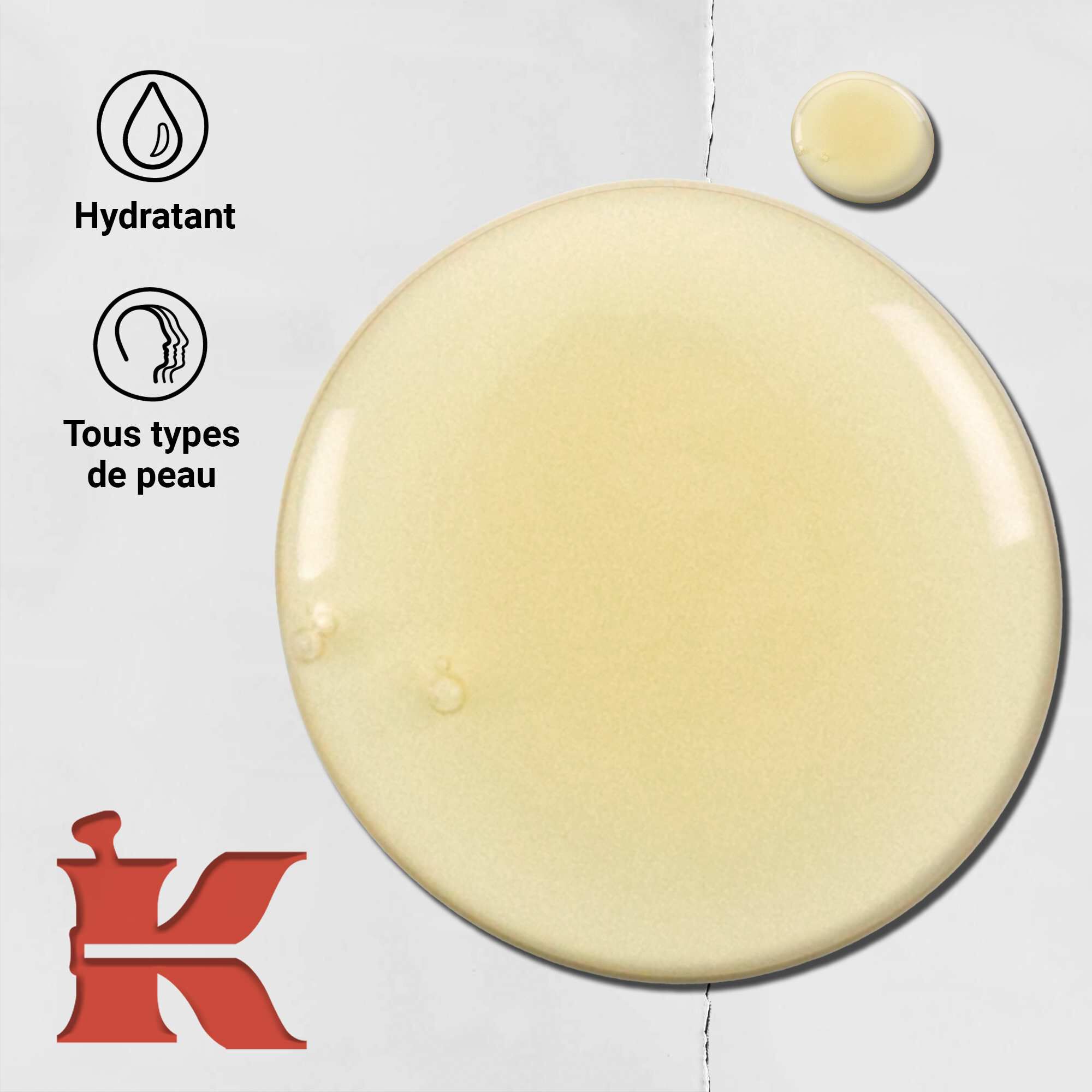 Photo de la texture du Nettoyant Liquide pour le Corps au Pamplemousse avec des icones indiquant l'hydratation et convient a tous les types de peau
