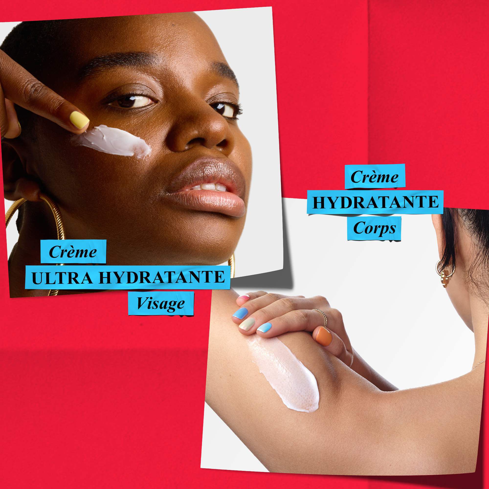 Une femme applique la creme hydratante Kiehl’s sur son visage, en soulignant sa capacite a renforcer la barriere cutanee, tandis qu’une autre personne applique une creme corporelle pour hydrater profondement la peau.