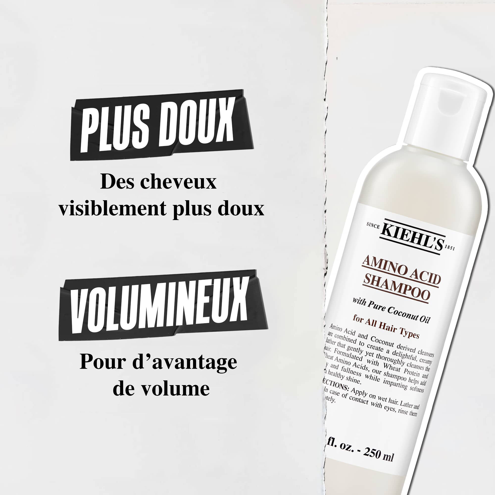 Bouteille de shampoing Amino Acid de Kiehl's, presentant les avantages : « Cheveux plus doux et visiblement plus lisses » et « Plus de volume et de densite »