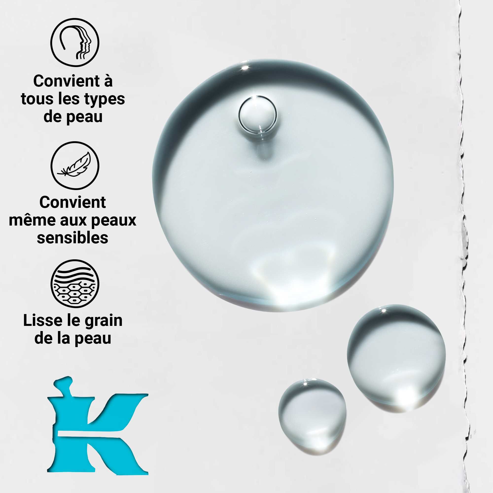 Gros plan sur la texture du Clearly Corrective Triple Acid Peel montrant des gouttes de liquide clair et des bulles.